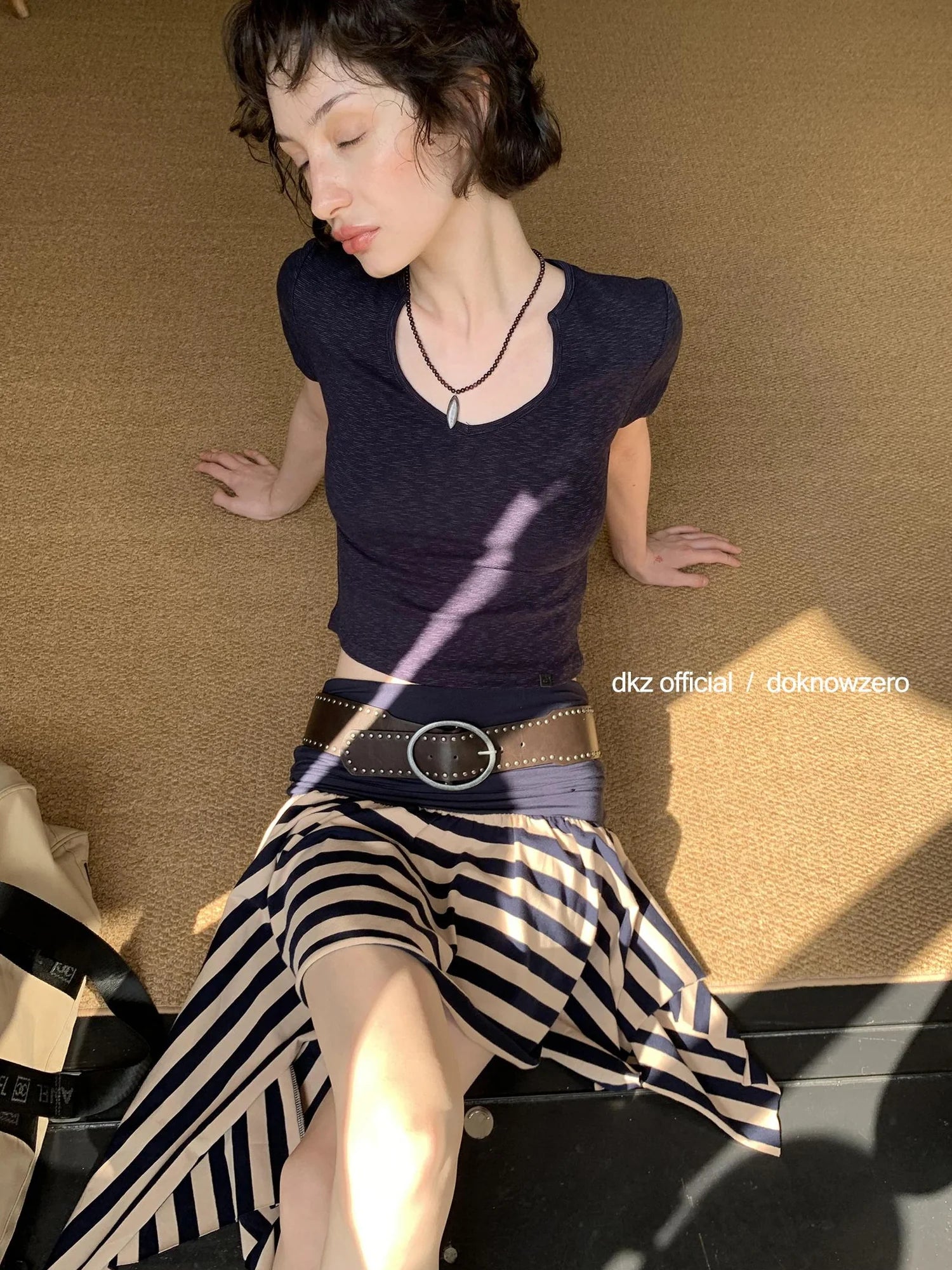 DKZ OFFICIAL Irregular Stripe Layering Skirt With Asymmetric Hem