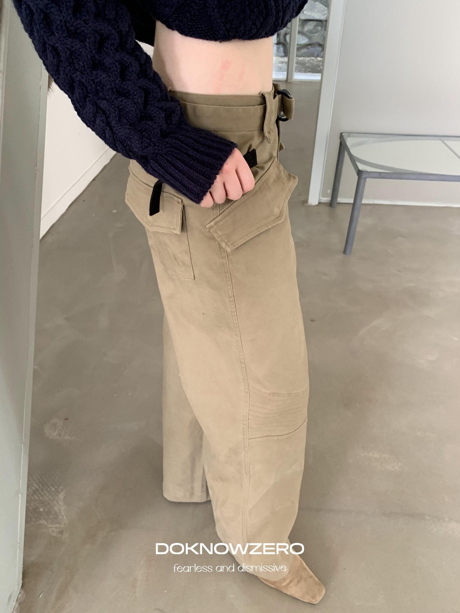 DKZ OFFICIAL Khaki Cargo Pocket Vintage Moto Street Women&