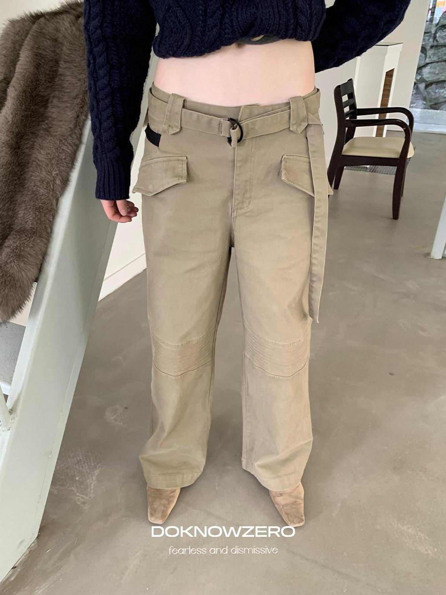 DKZ OFFICIAL Khaki Cargo Pocket Vintage Moto Street Women&
