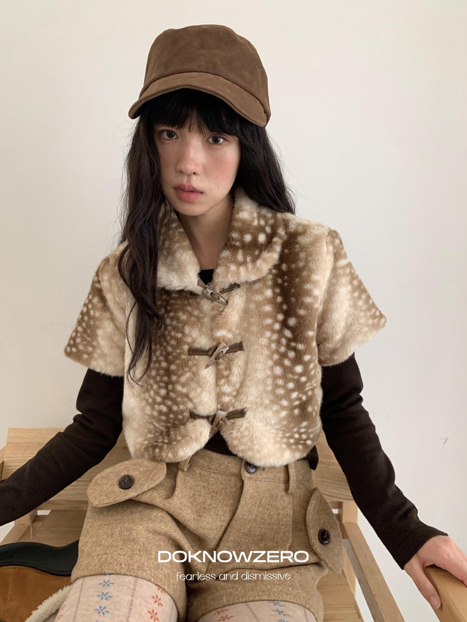 DKZ OFFICIAL Khaki Deer Print Buttoned Cropped Women&
