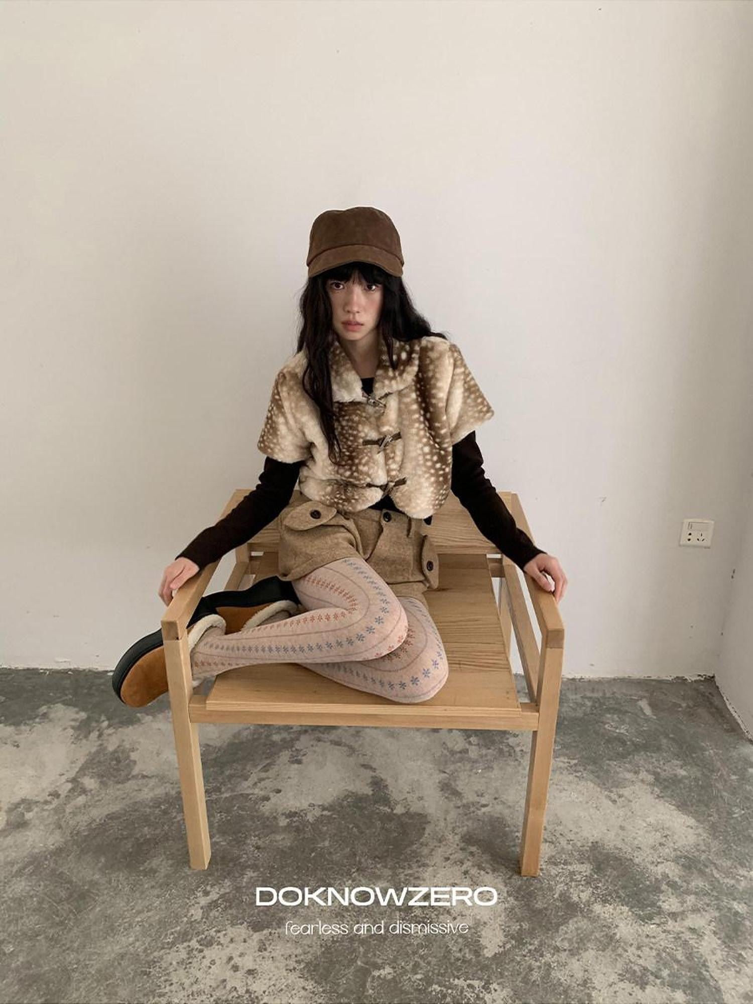 DKZ OFFICIAL Khaki Deer Print Buttoned Cropped Women&