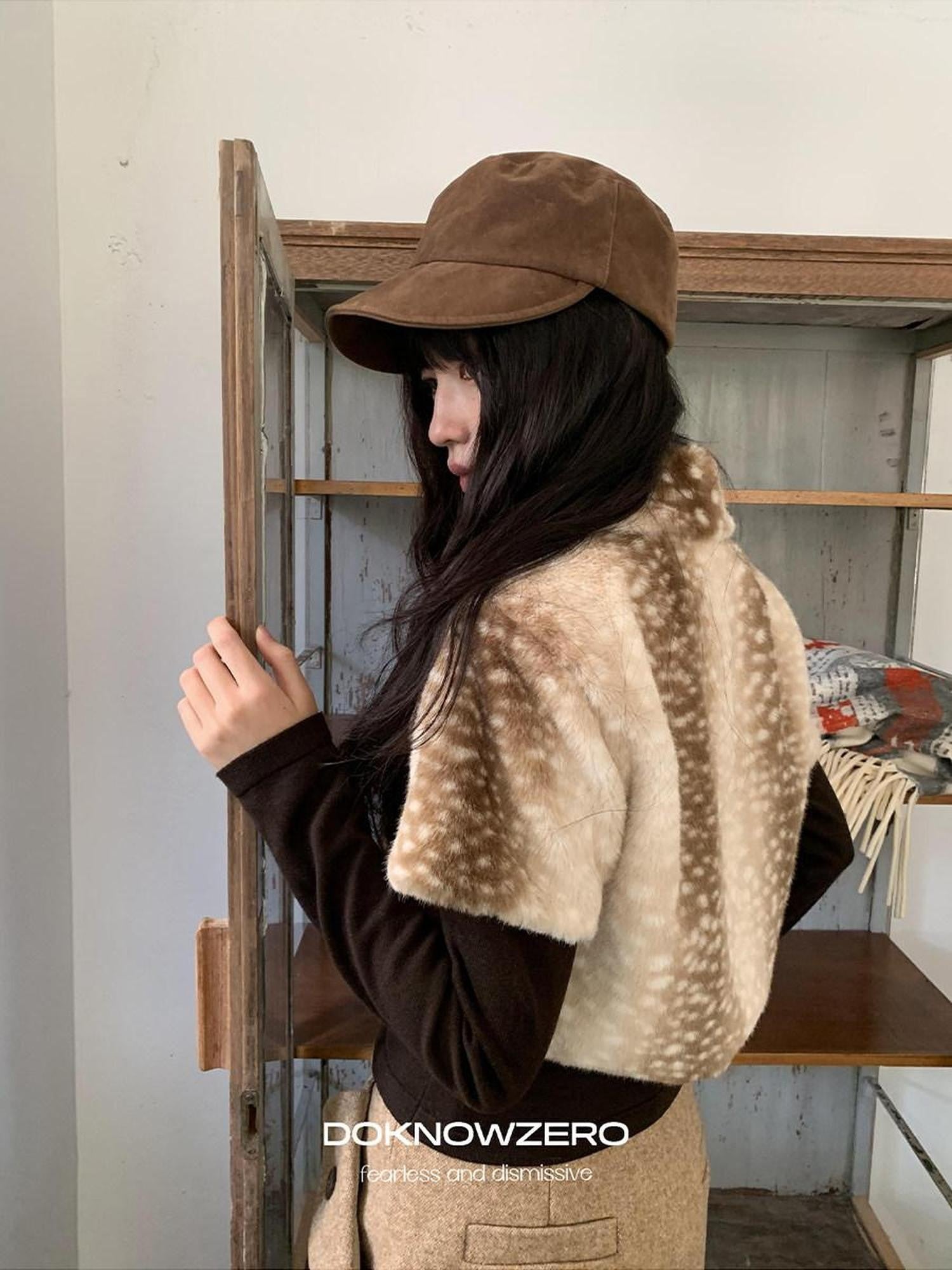 DKZ OFFICIAL Khaki Deer Print Buttoned Cropped Women&
