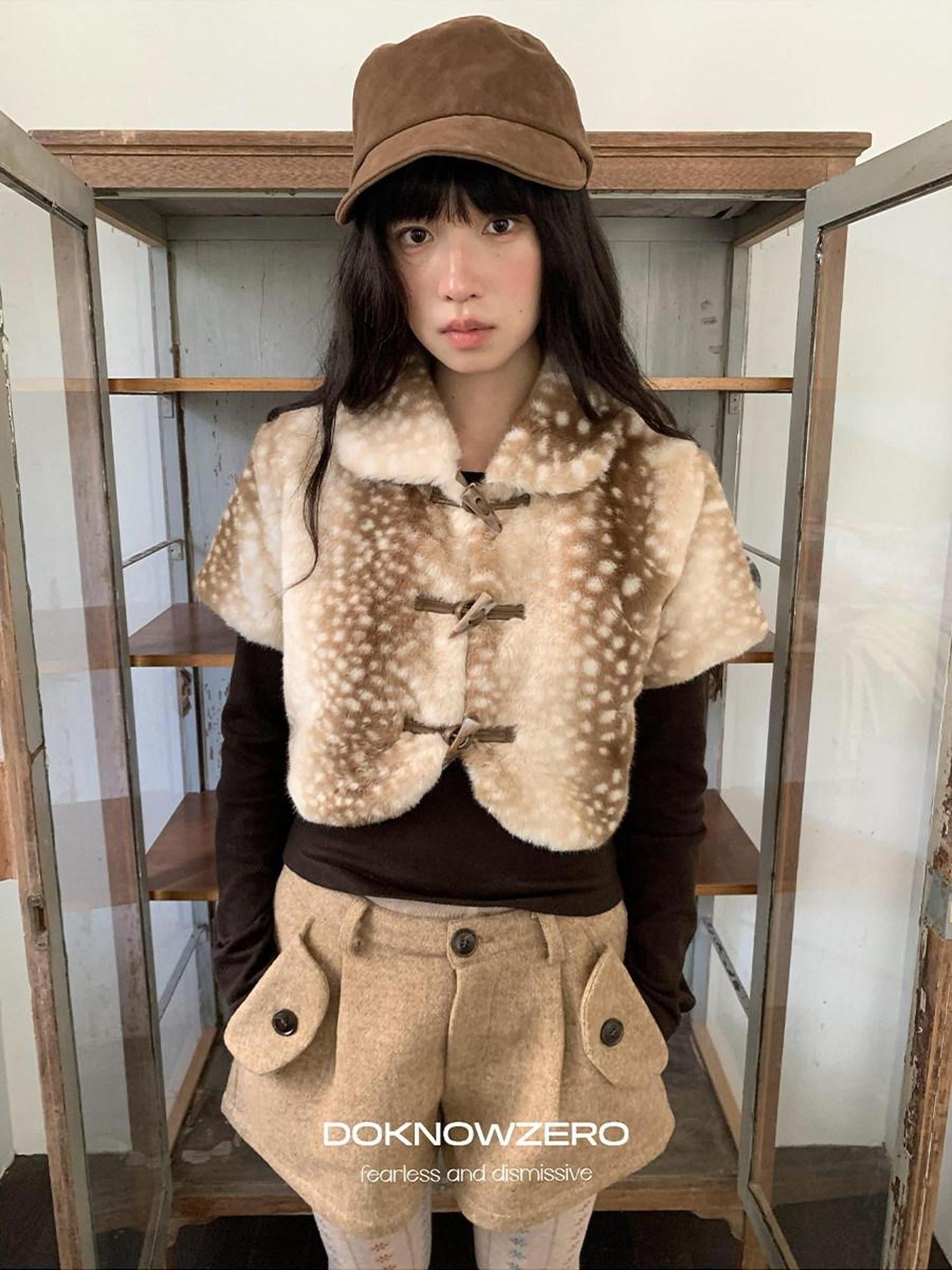 DKZ OFFICIAL Khaki Deer Print Buttoned Cropped Women&
