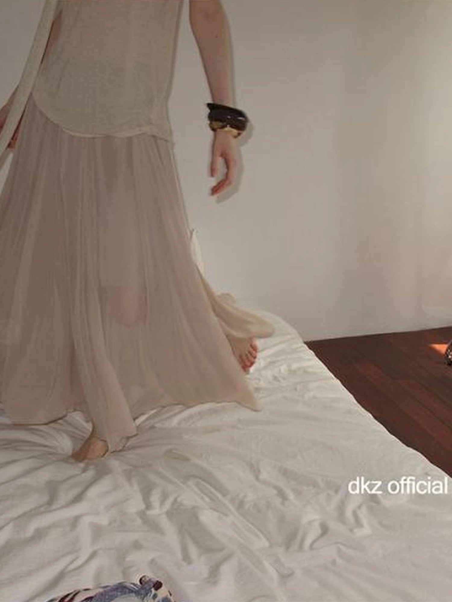 DKZ OFFICIAL Khaki Elastic Waist Flowy Mesh Midi Skirt