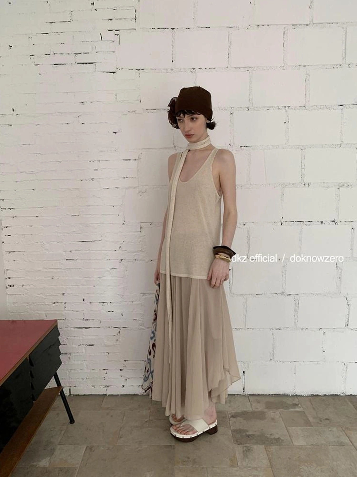 DKZ OFFICIAL Khaki Elastic Waist Flowy Mesh Midi Skirt