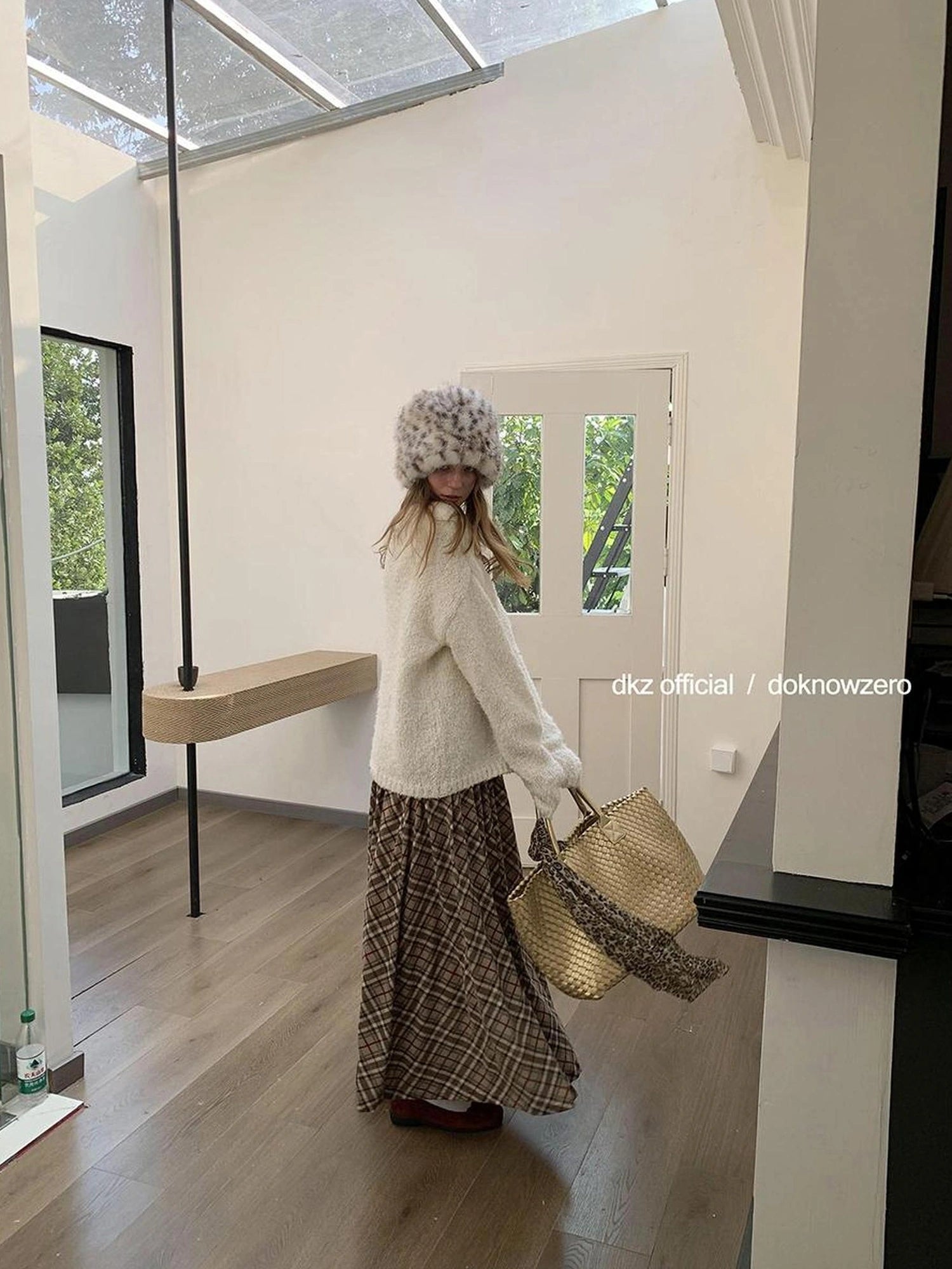 DKZ OFFICIAL Khaki Plaid Midi Skirt With Drop Waist