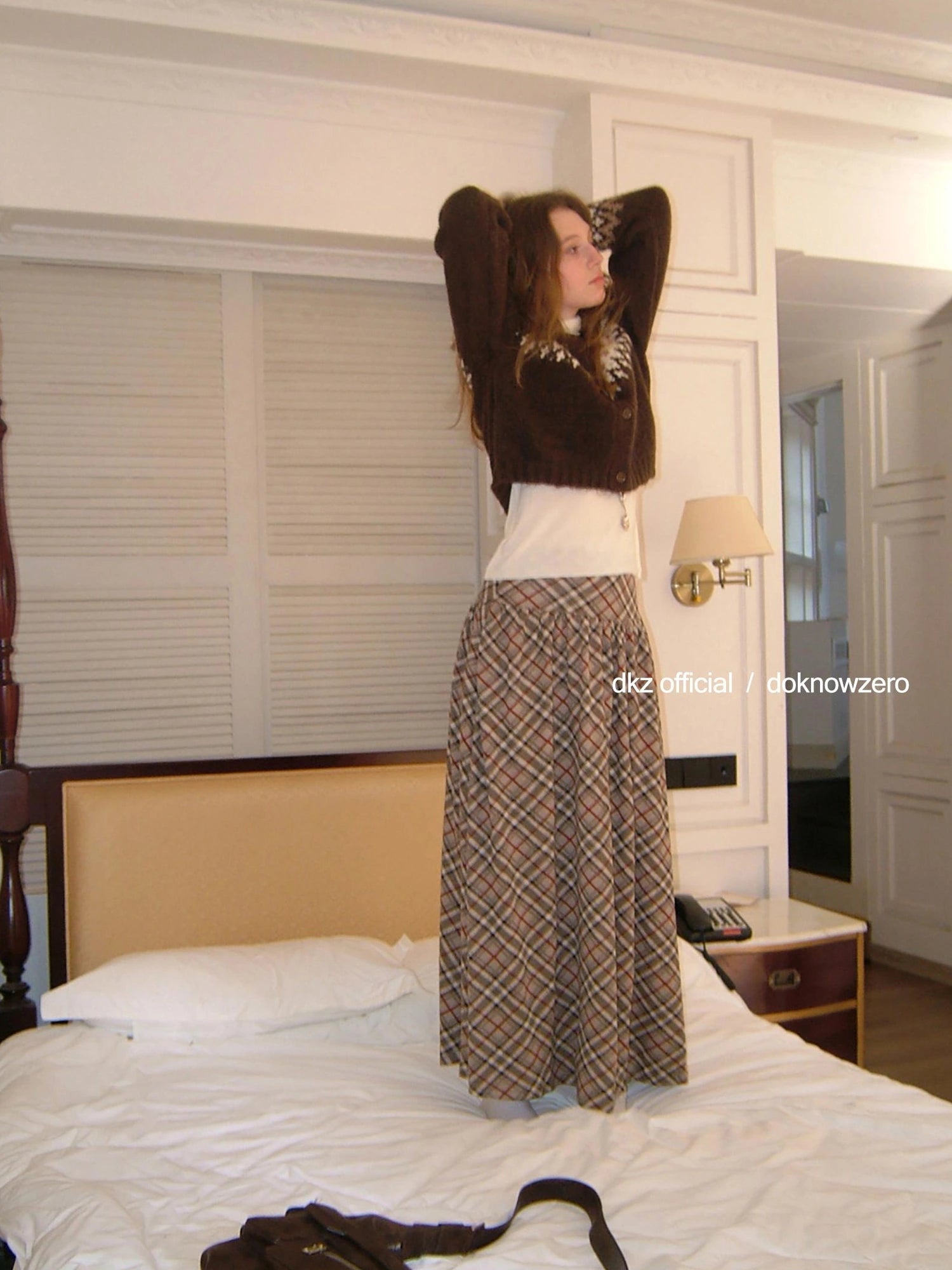 DKZ OFFICIAL Khaki Plaid Midi Skirt With Drop Waist