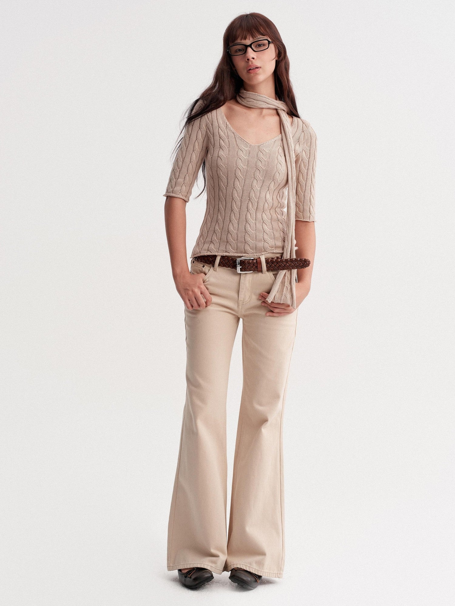 DKZ OFFICIAL Khaki Washed Pocket Button Natural Waist Micro Flare Women&
