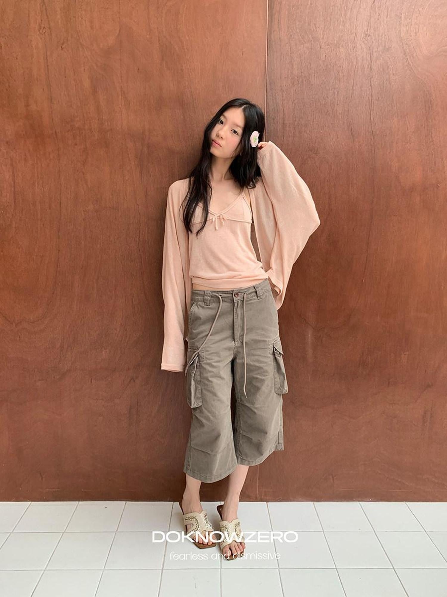 DKZ OFFICIAL Khaki Waterwash Vintage Distressed Pocket Straight Women&