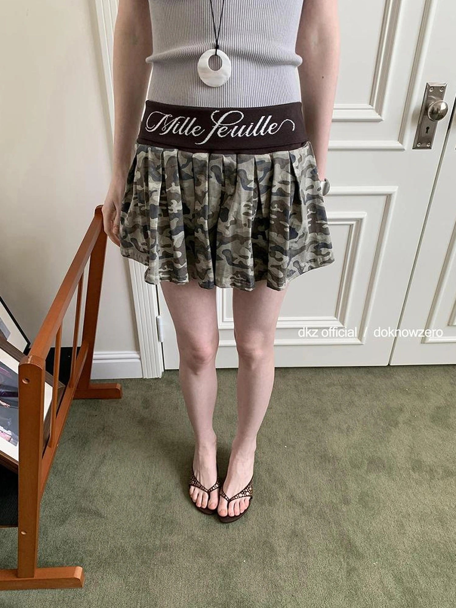 DKZ OFFICIAL Knitted Waist Camouflage A Line Skirt