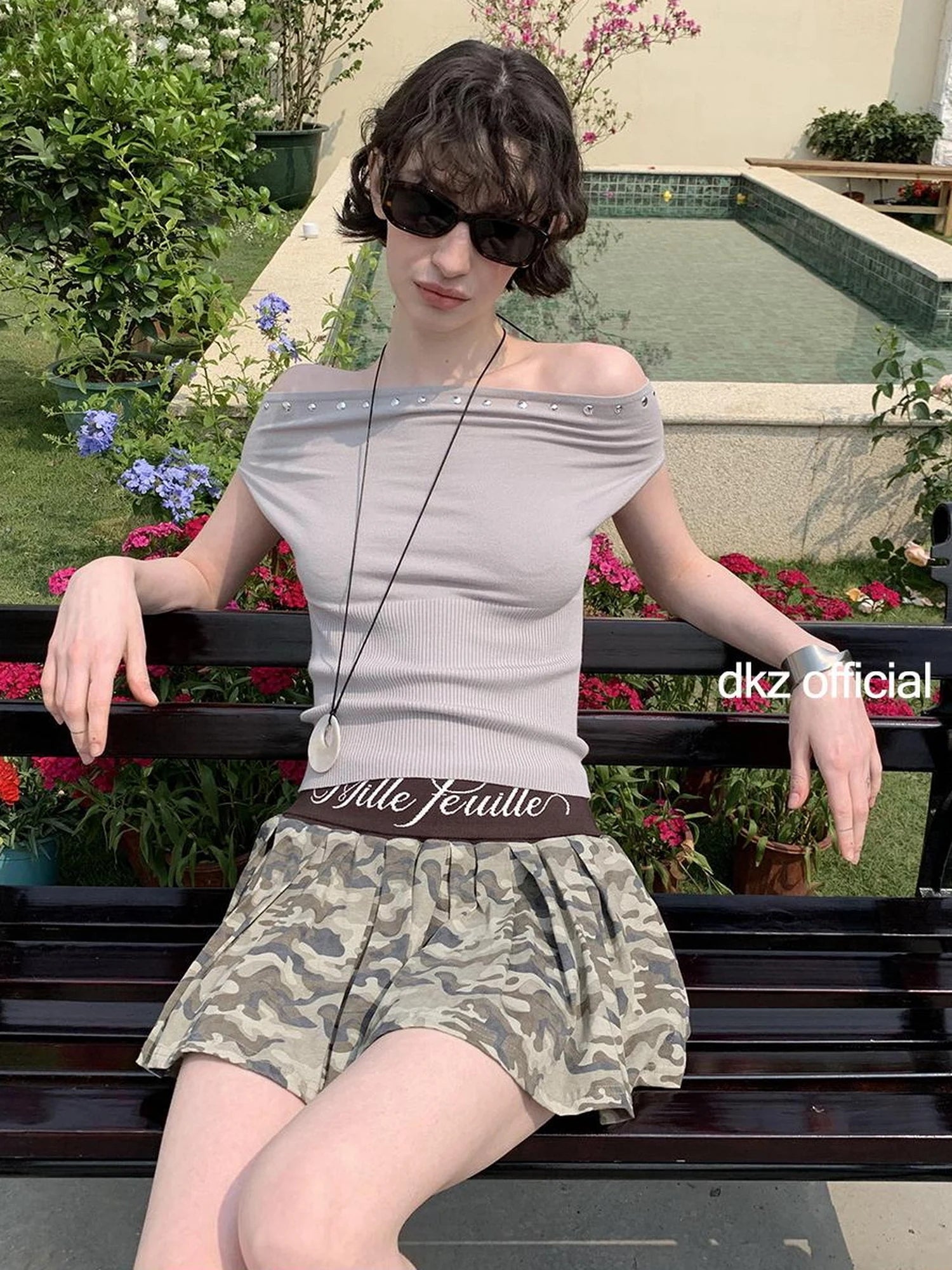 DKZ OFFICIAL Knitted Waist Camouflage A Line Skirt