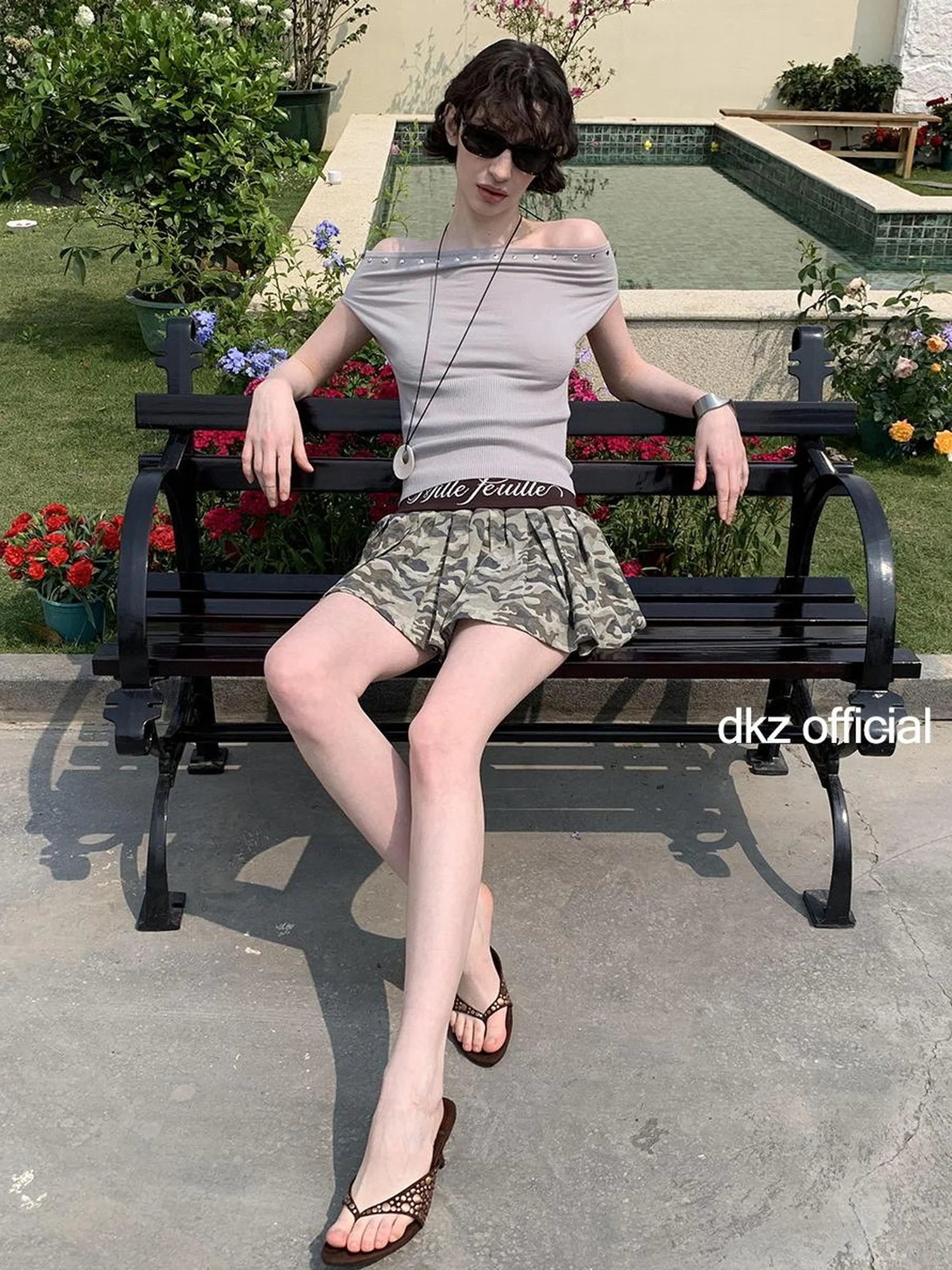 DKZ OFFICIAL Knitted Waist Camouflage A Line Skirt