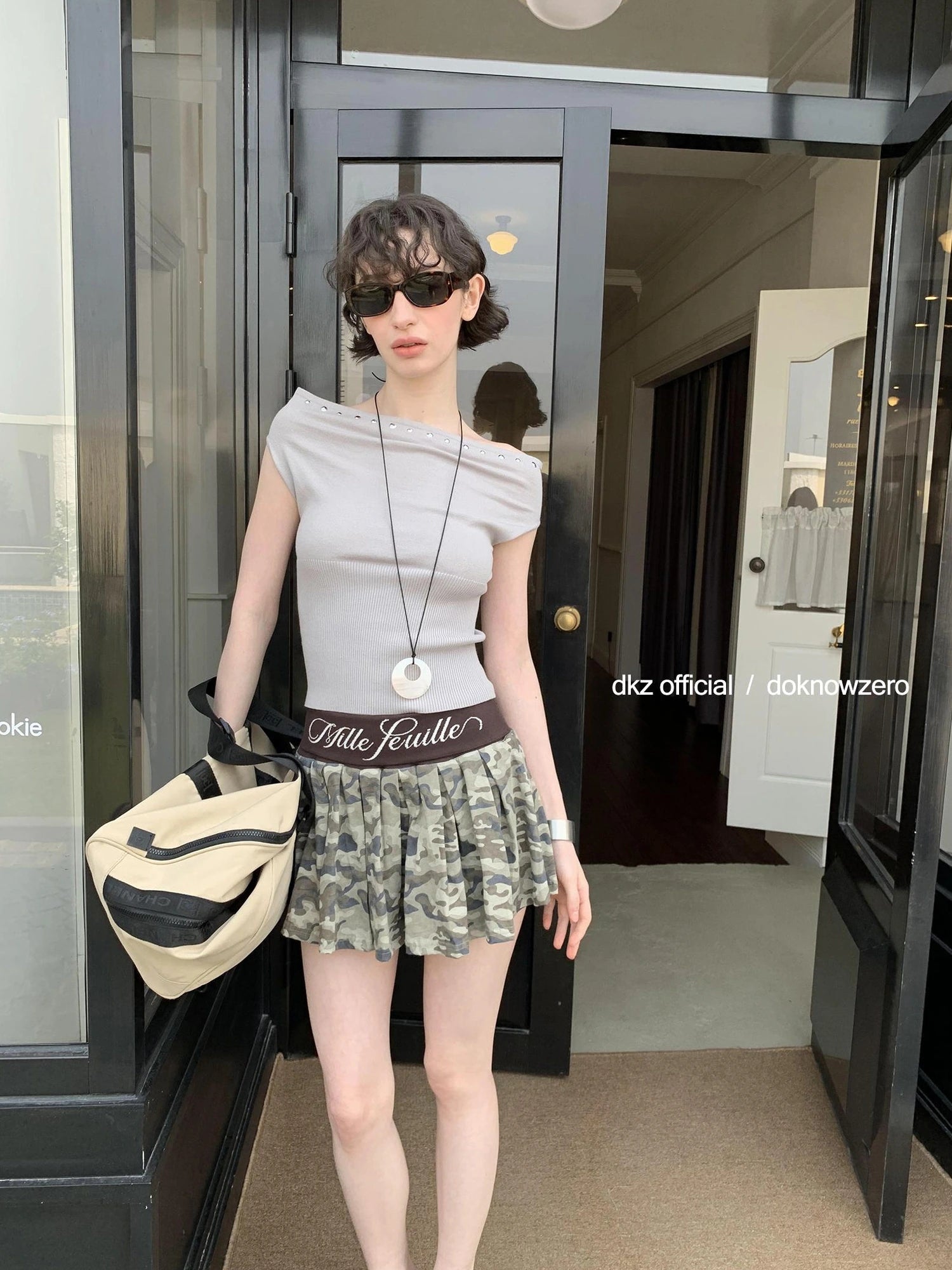 DKZ OFFICIAL Knitted Waist Camouflage A Line Skirt