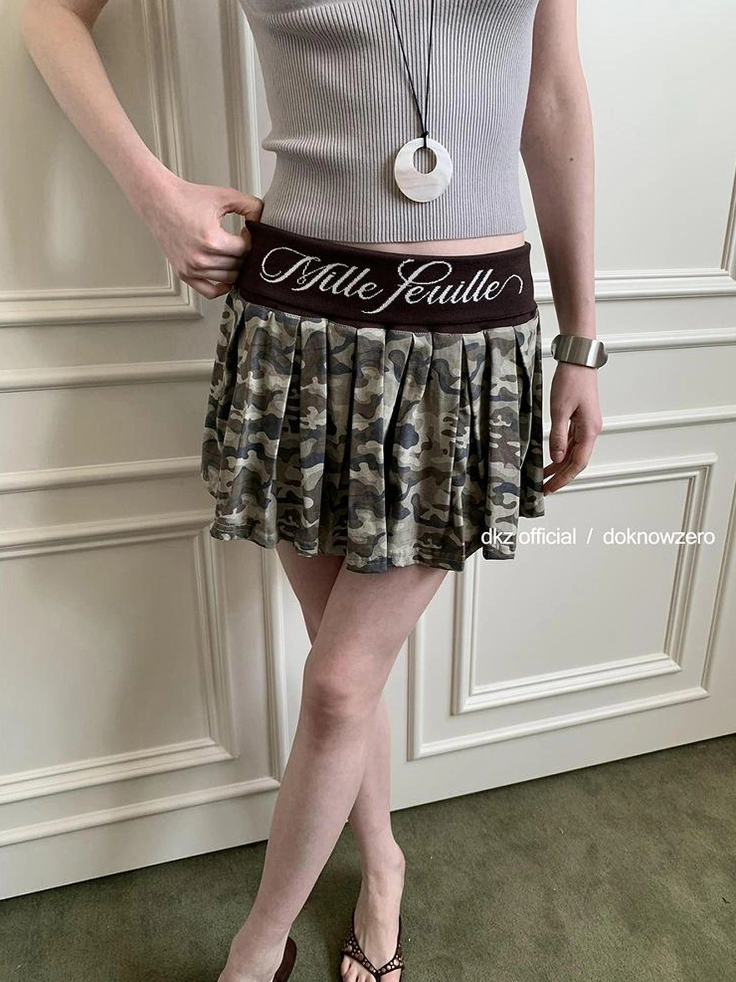 DKZ OFFICIAL Knitted Waist Camouflage A Line Skirt