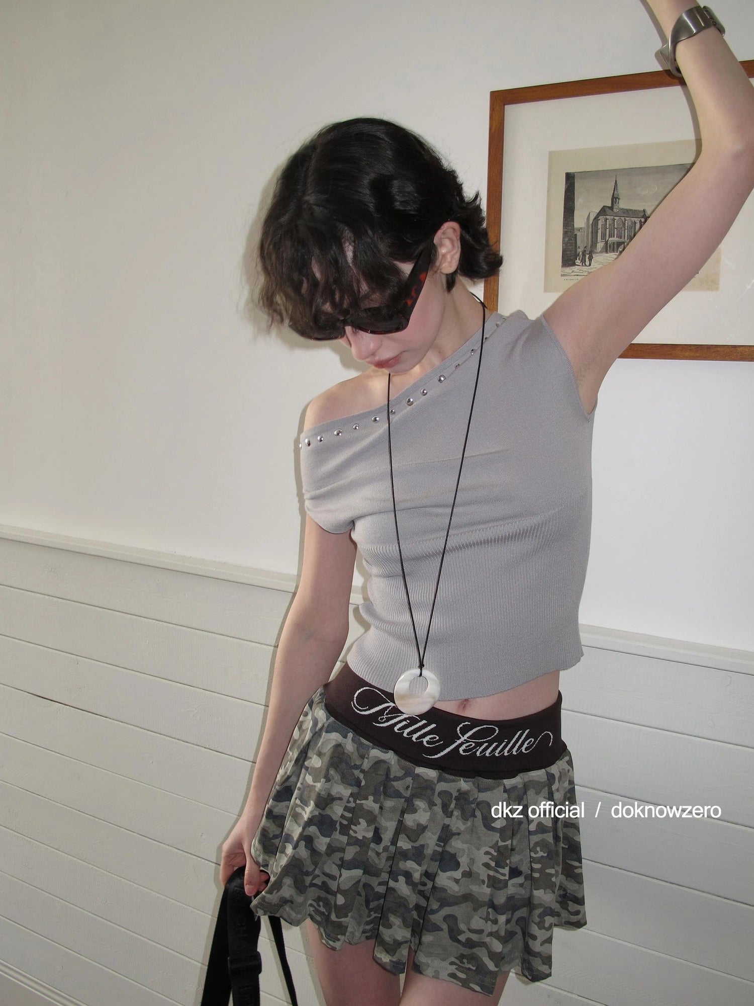 DKZ OFFICIAL Knitted Waist Camouflage A Line Skirt