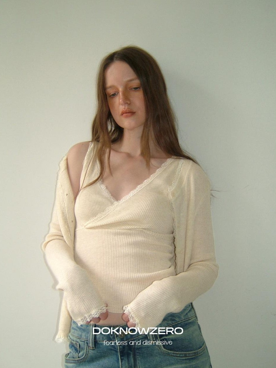 DKZ OFFICIAL Lace Trim Cross V-neck Two Piece Knit Women&