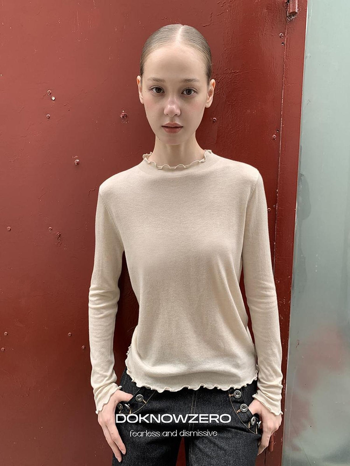 DKZ OFFICIAL Lace Trim Half Turtleneck Knit Women&
