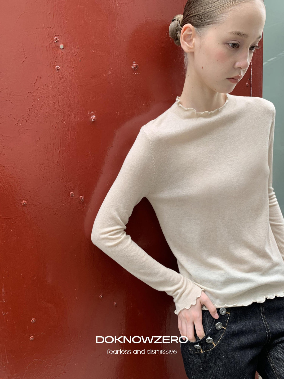 DKZ OFFICIAL Lace Trim Half Turtleneck Knit Women&