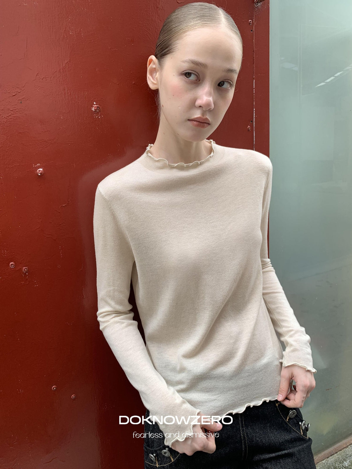 DKZ OFFICIAL Lace Trim Half Turtleneck Knit Women&