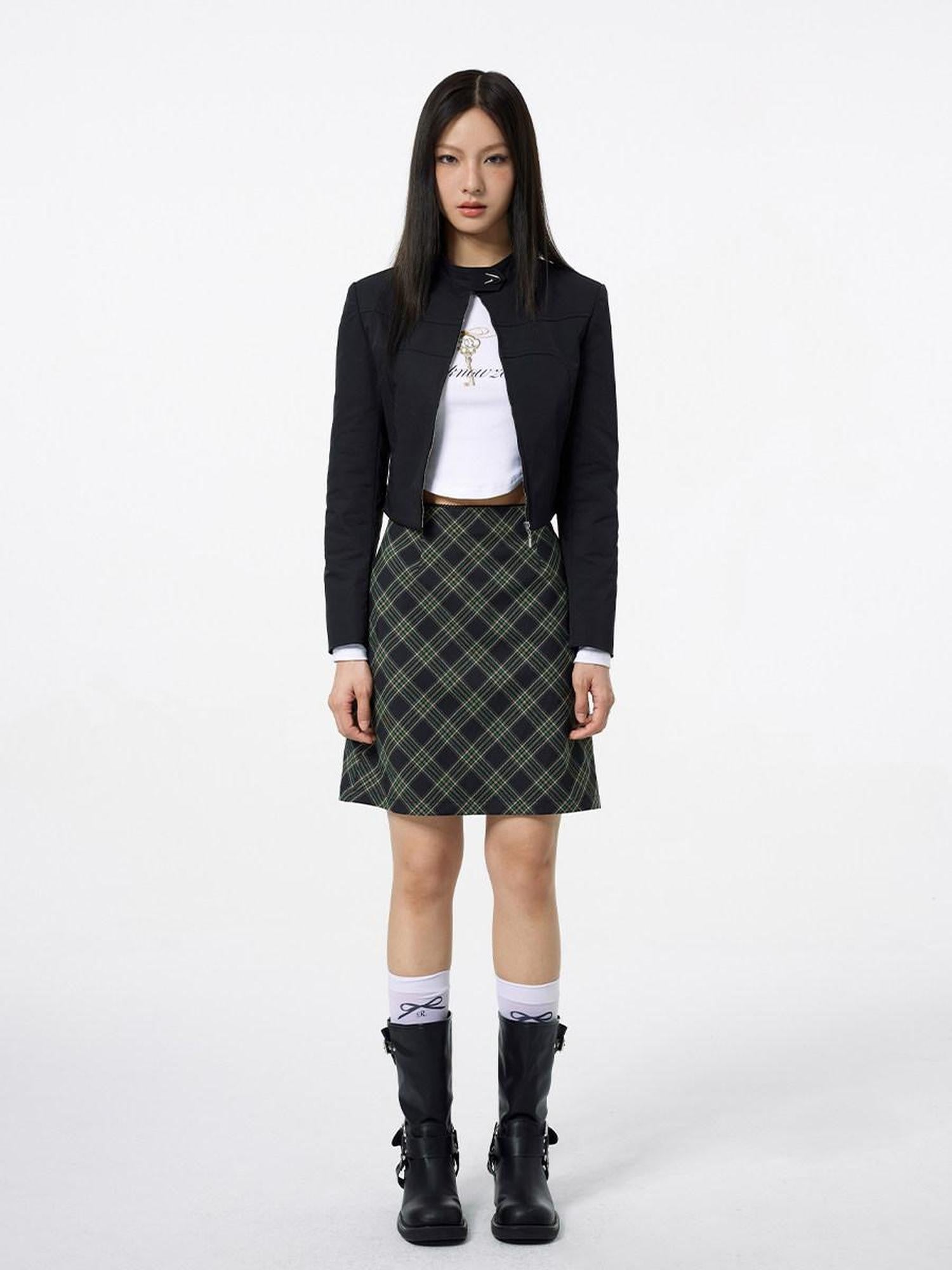 DKZ OFFICIAL Lace Trim Plaid Mid Waist Button A Line Women&