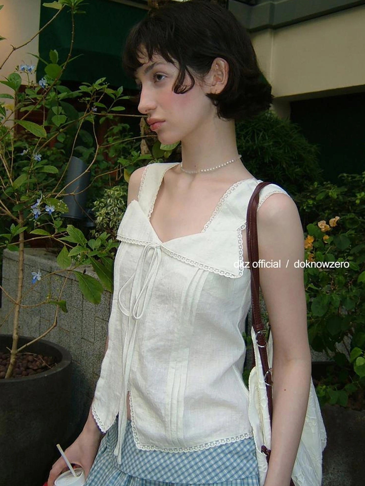 DKZ OFFICIAL Lace Trimmed Peach Linen Blend Tank Top