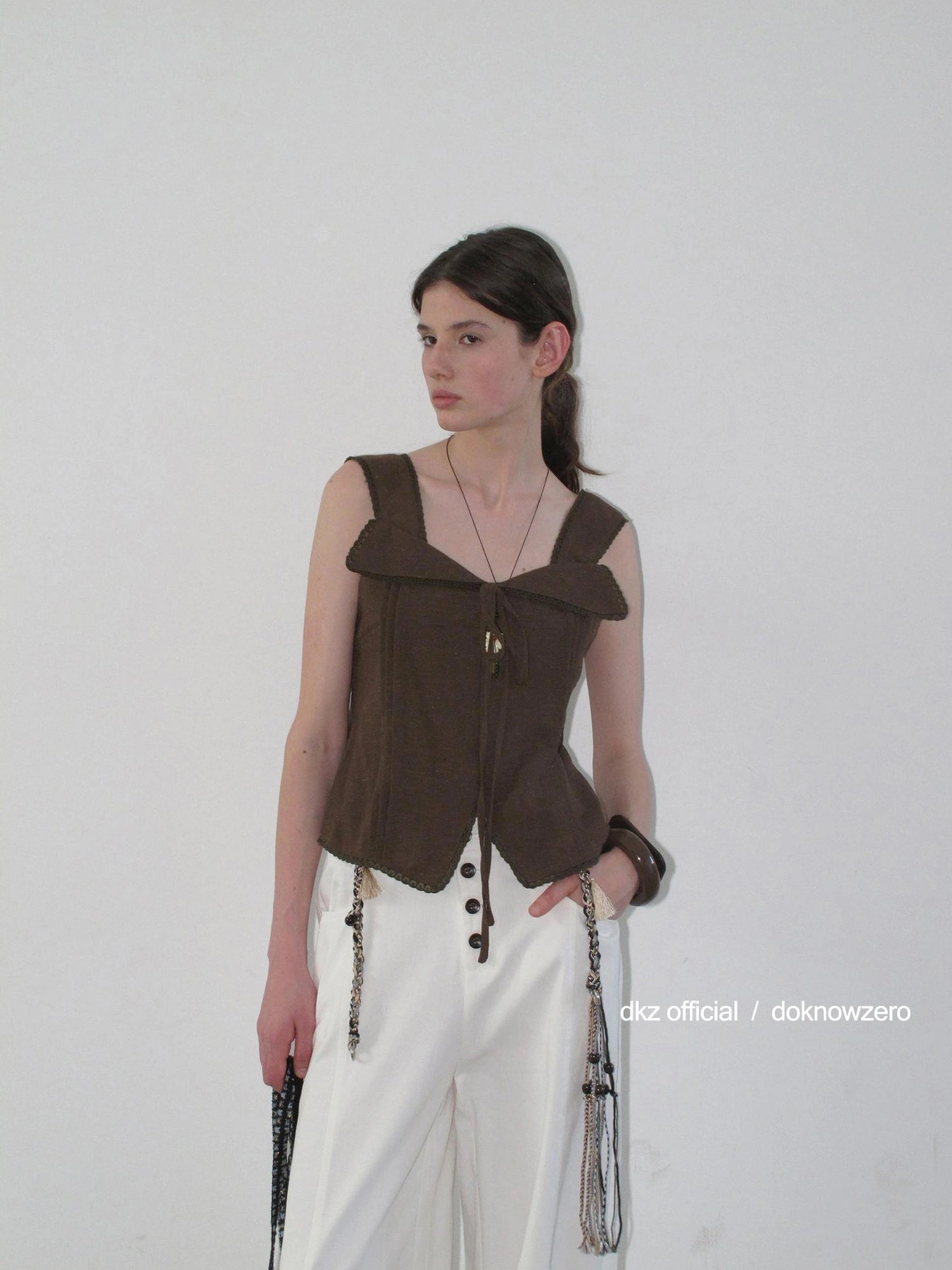 DKZ OFFICIAL Lace Trimmed Peach Linen Blend Tank Top