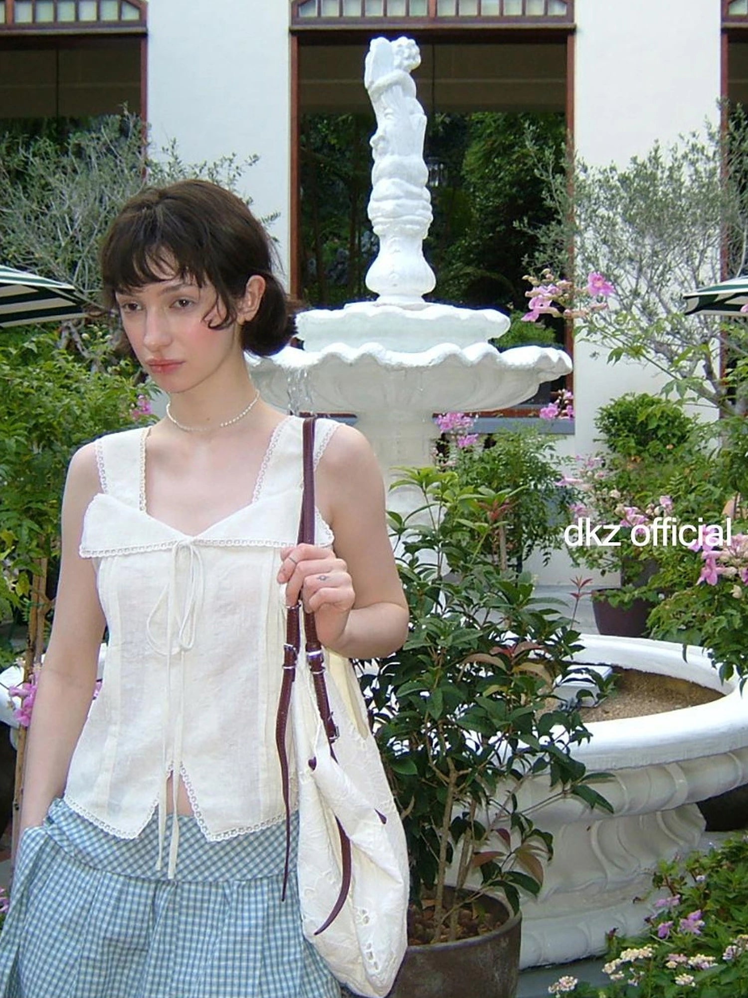 DKZ OFFICIAL Lace Trimmed Peach Linen Blend Tank Top