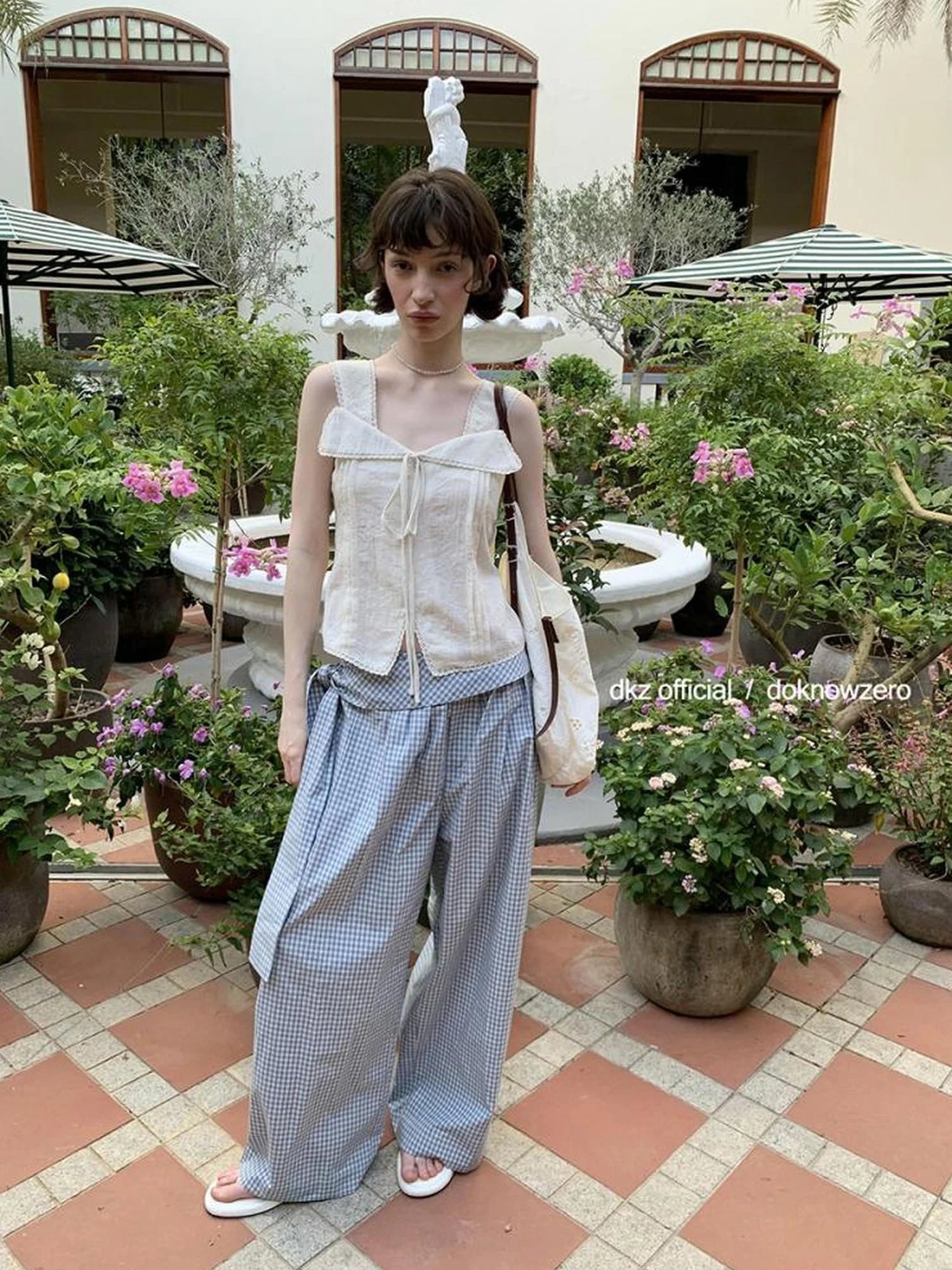 DKZ OFFICIAL Lace Trimmed Peach Linen Blend Tank Top