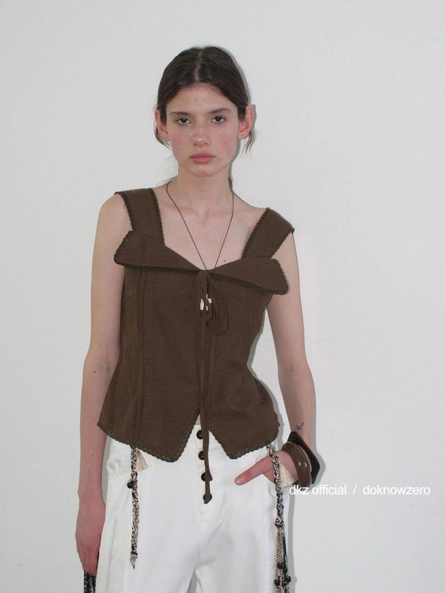 DKZ OFFICIAL Lace Trimmed Peach Linen Blend Tank Top