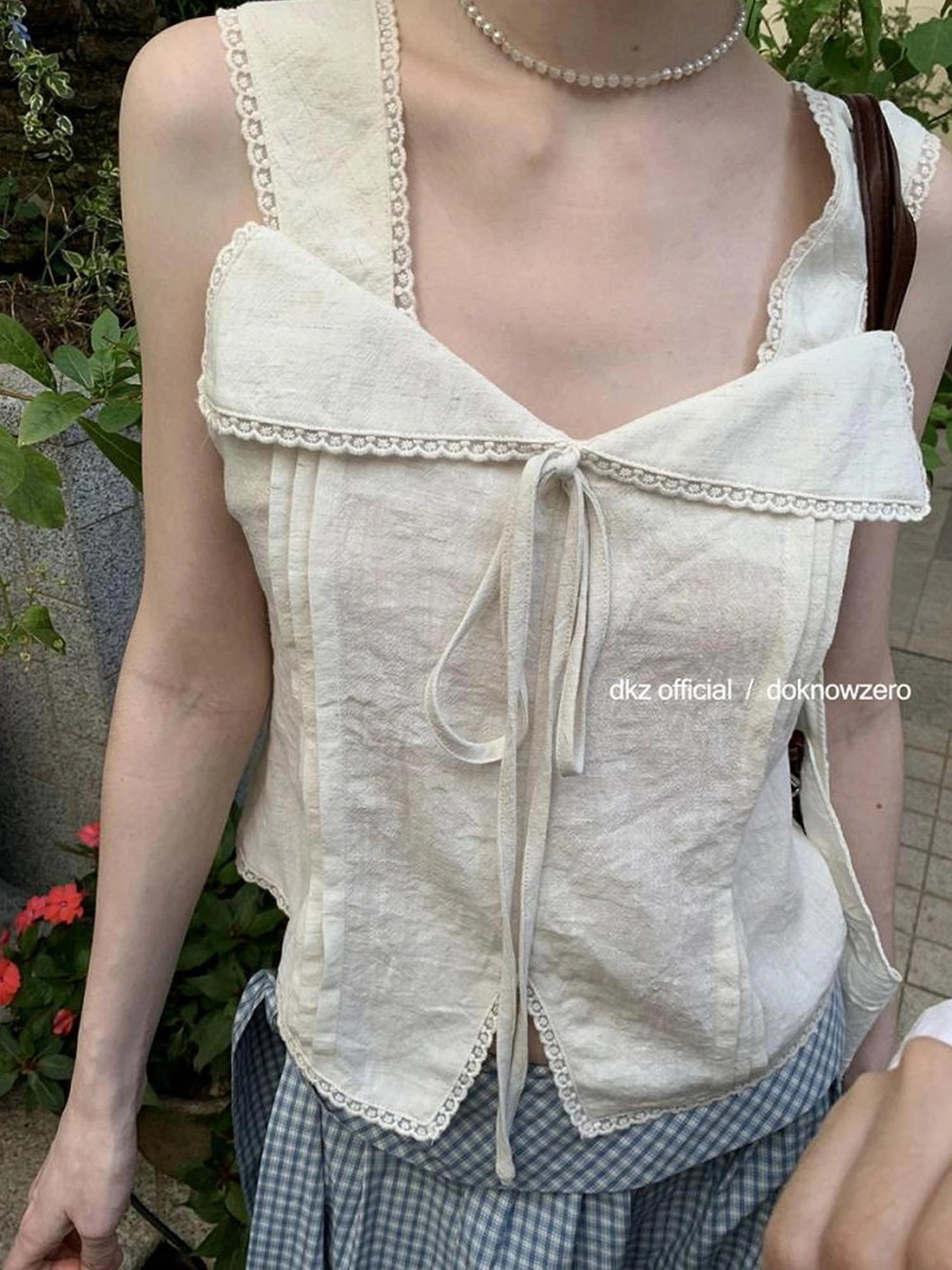 DKZ OFFICIAL Lace Trimmed Peach Linen Blend Tank Top
