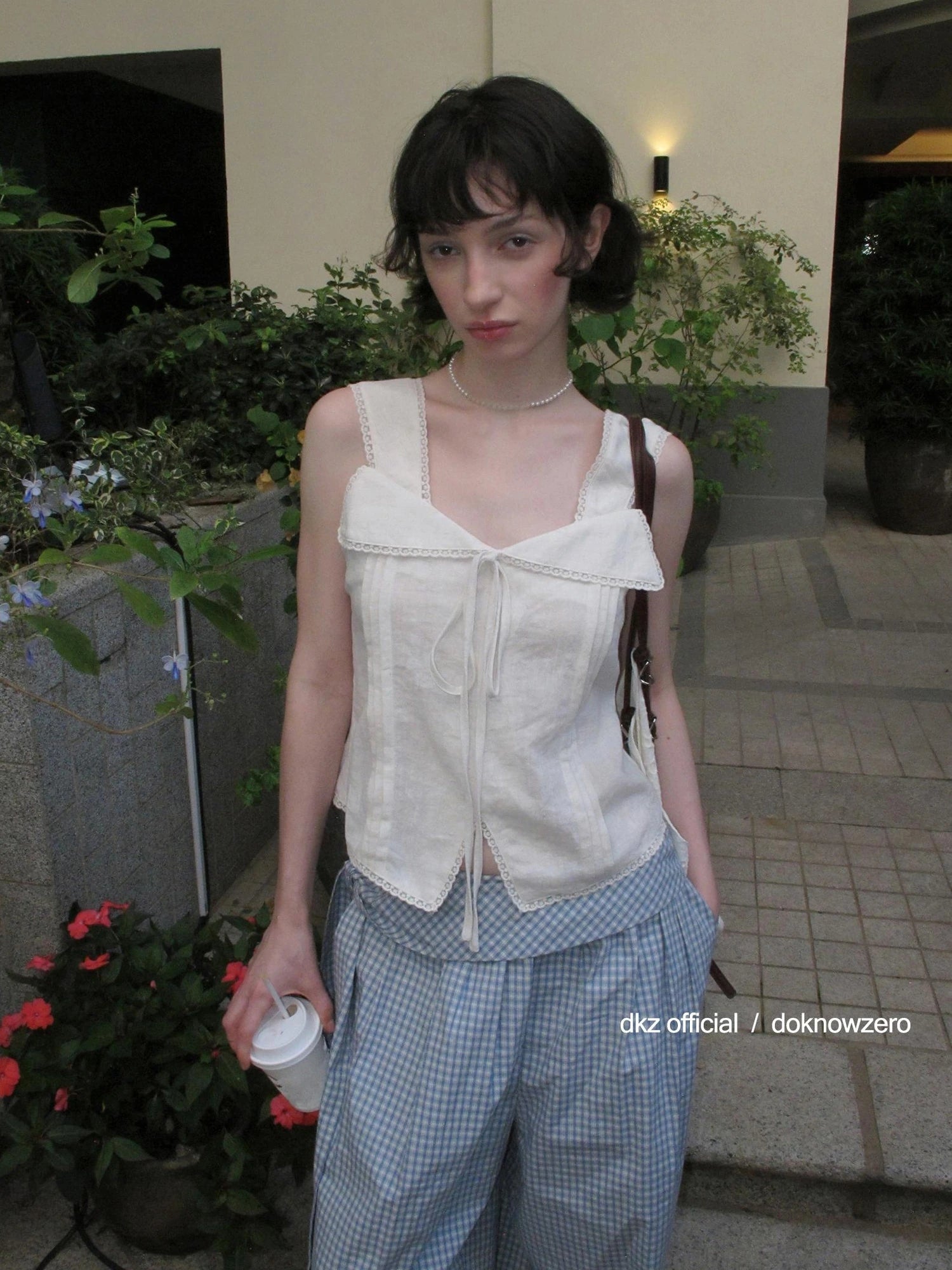 DKZ OFFICIAL Lace Trimmed Peach Linen Blend Tank Top