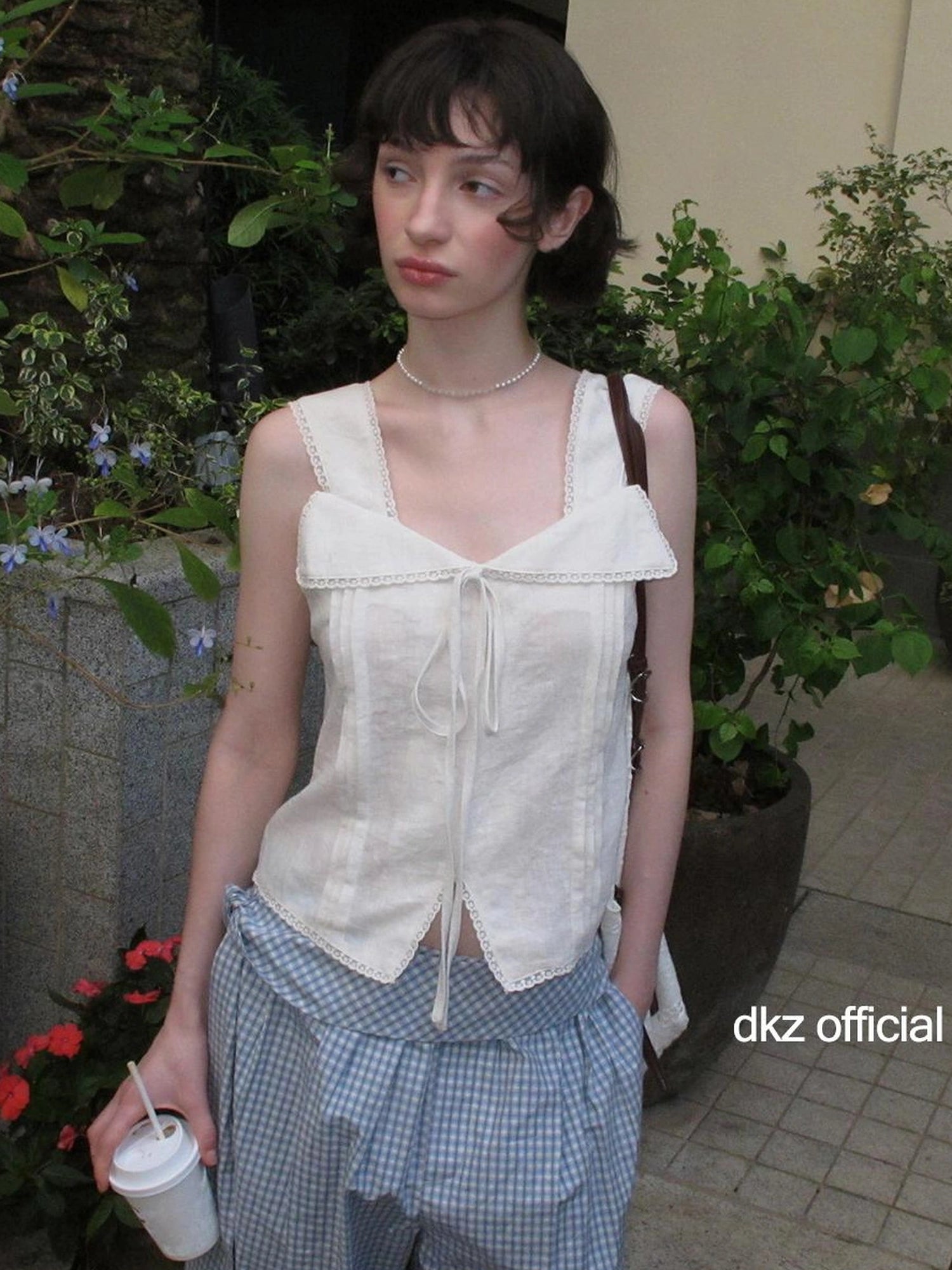 DKZ OFFICIAL Lace Trimmed Peach Linen Blend Tank Top