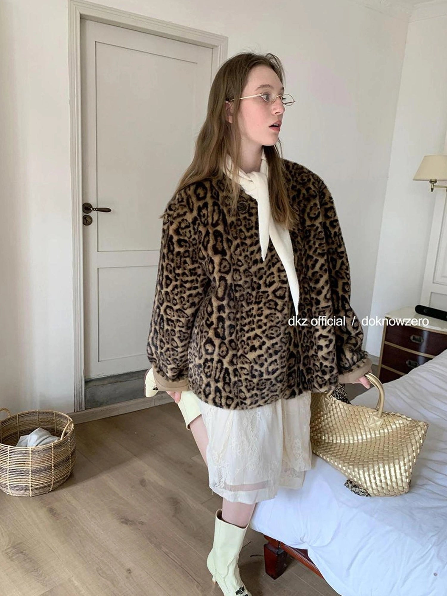 DKZ OFFICIAL Leopard Print Faux Fur Coat Women&