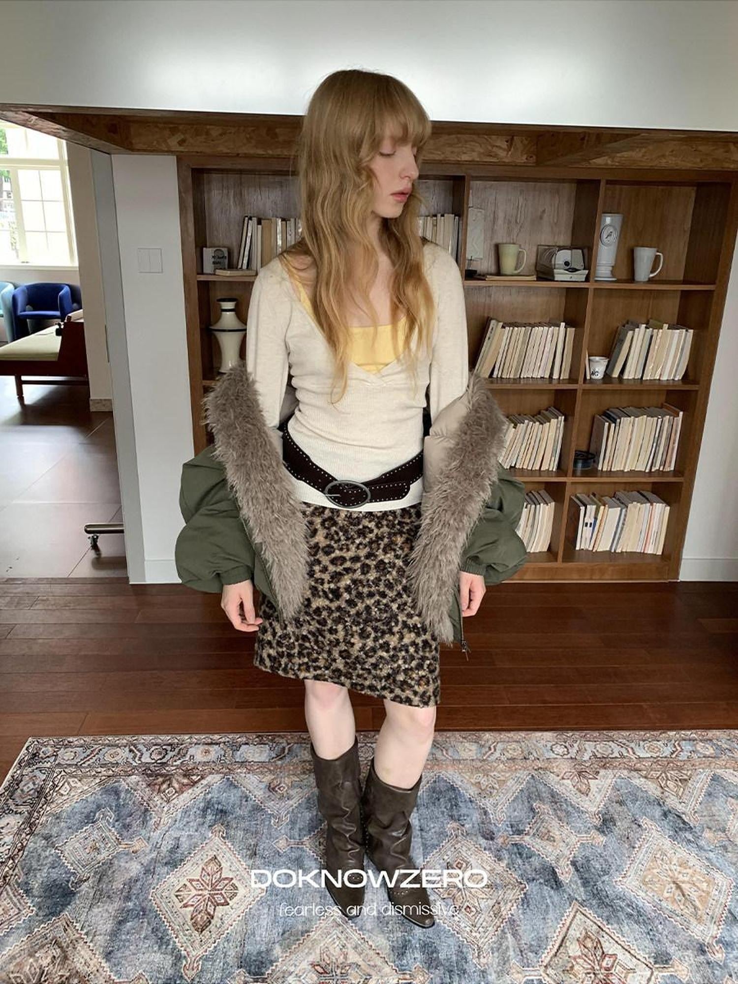 DKZ OFFICIAL Leopard Print Fuzzy Retro Straight Mid Waist Women&