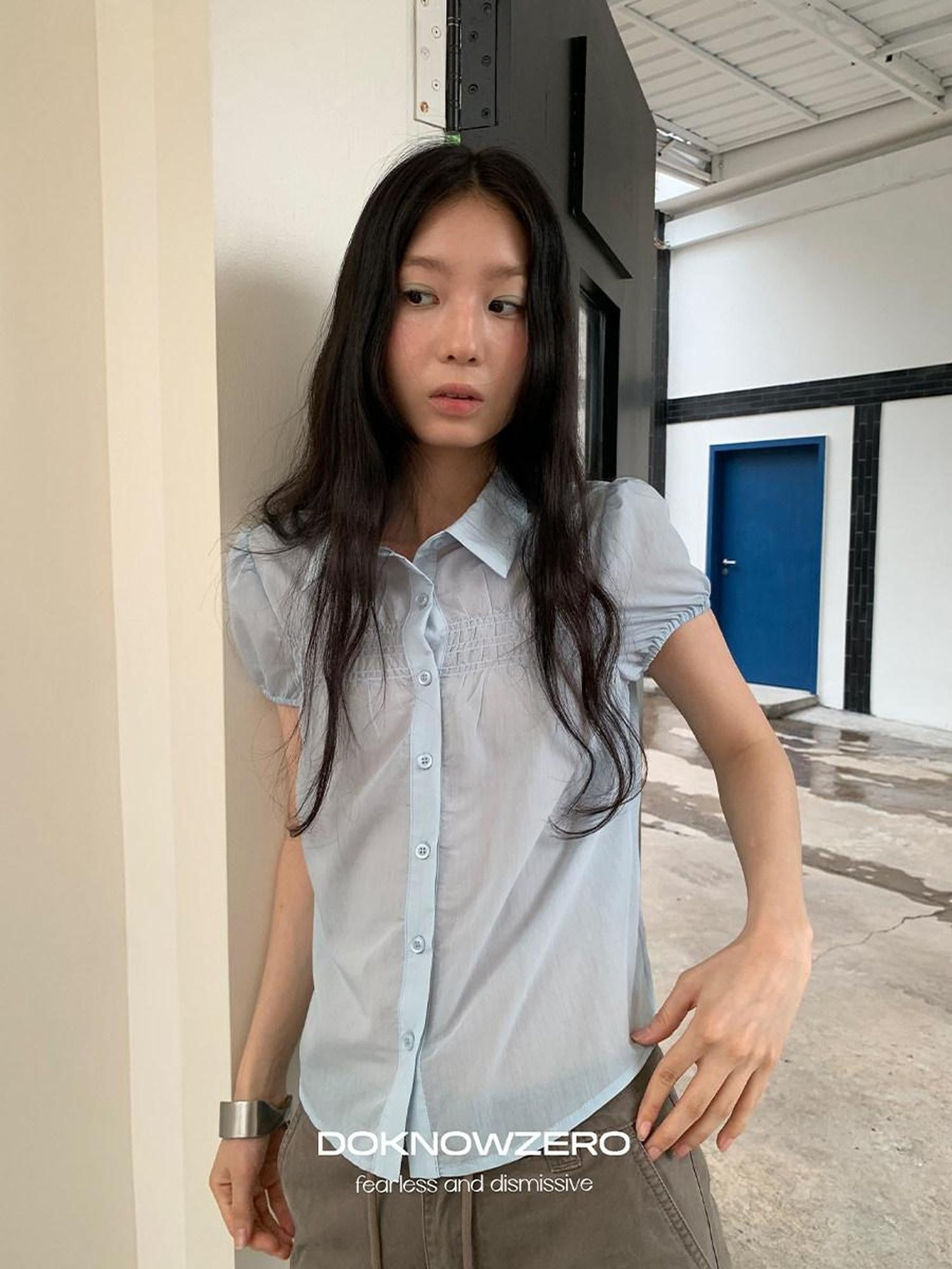 DKZ OFFICIAL Light Blue Puff Sleeve Pleated Sheer Women&