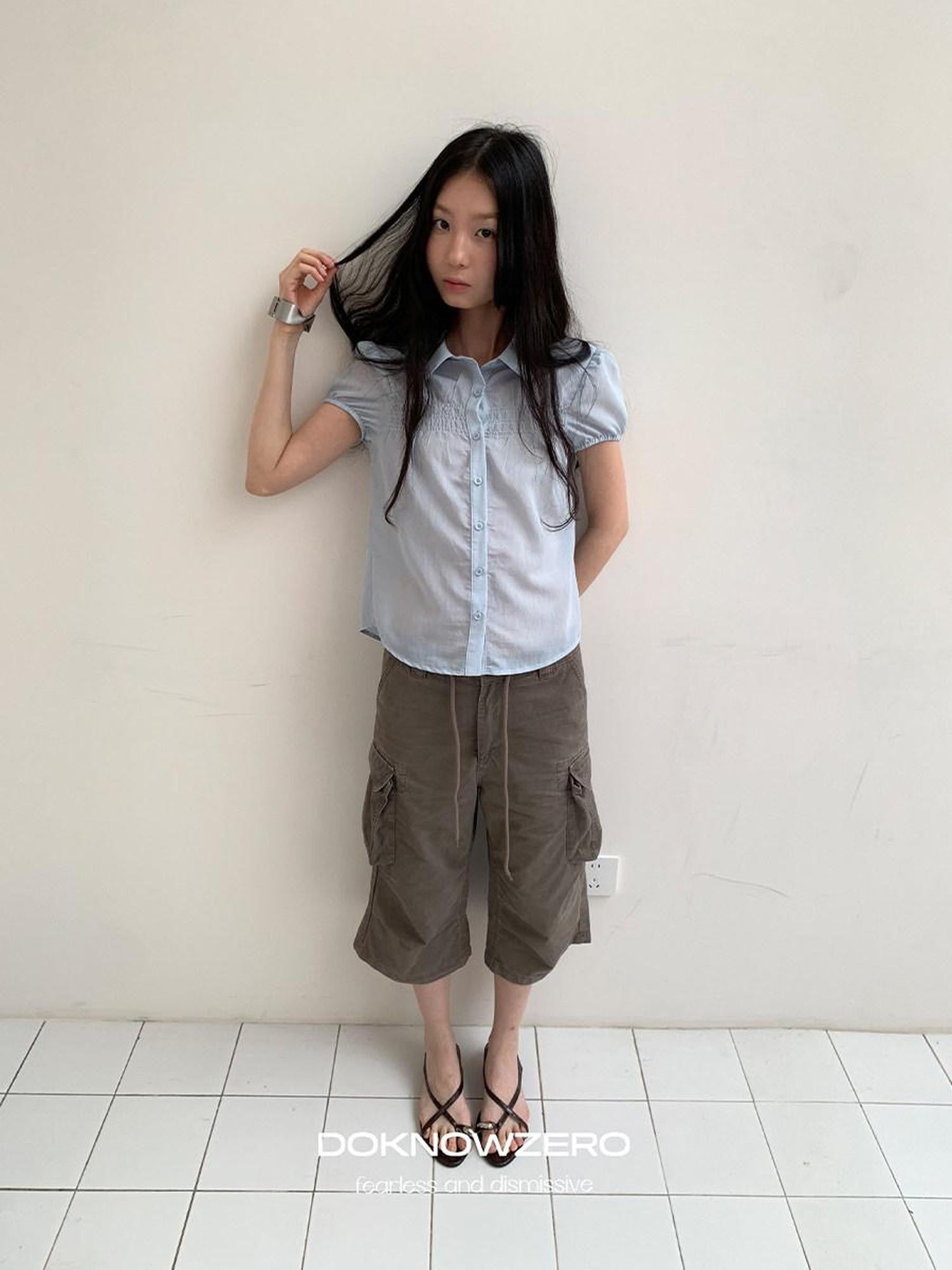 DKZ OFFICIAL Light Blue Puff Sleeve Pleated Sheer Women&