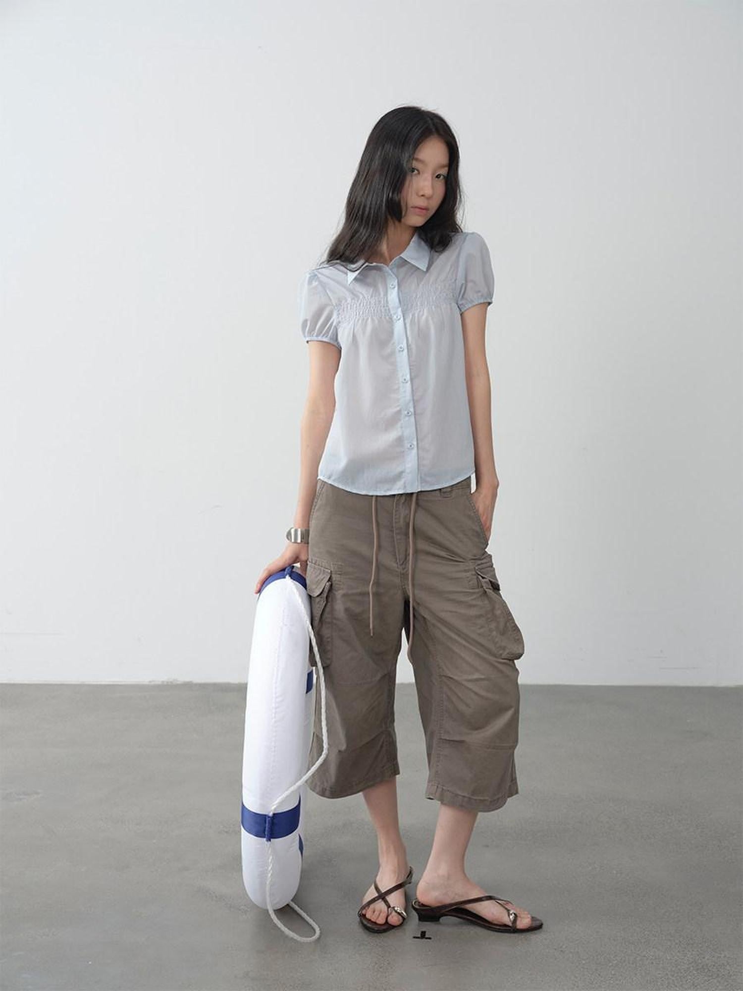 DKZ OFFICIAL Light Blue Puff Sleeve Pleated Sheer Women&