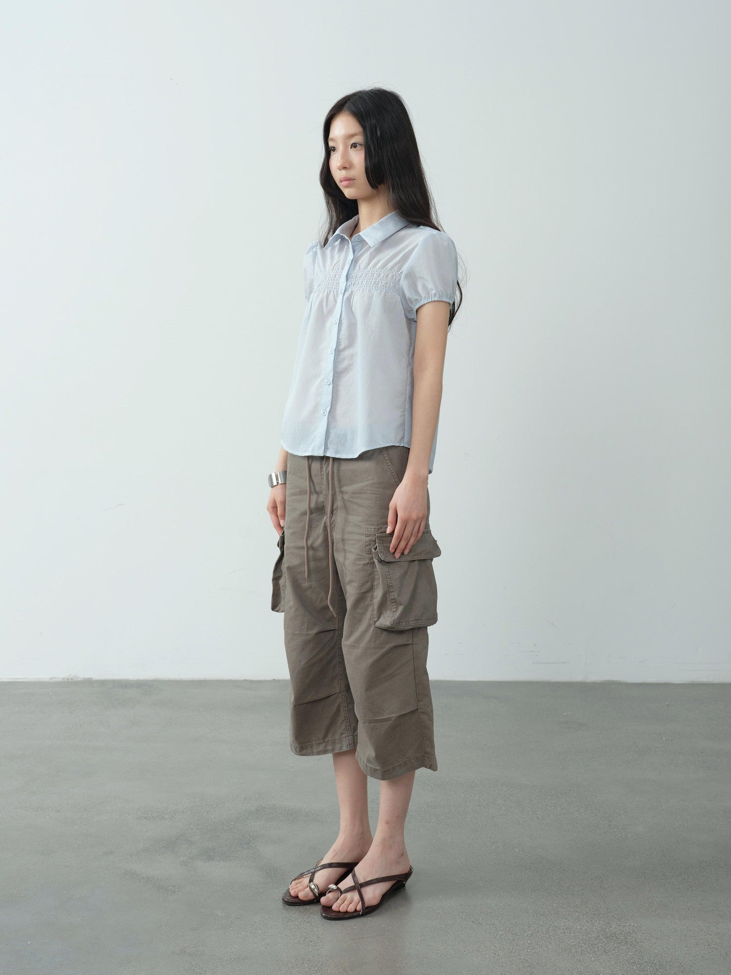 DKZ OFFICIAL Light Blue Puff Sleeve Pleated Sheer Women&