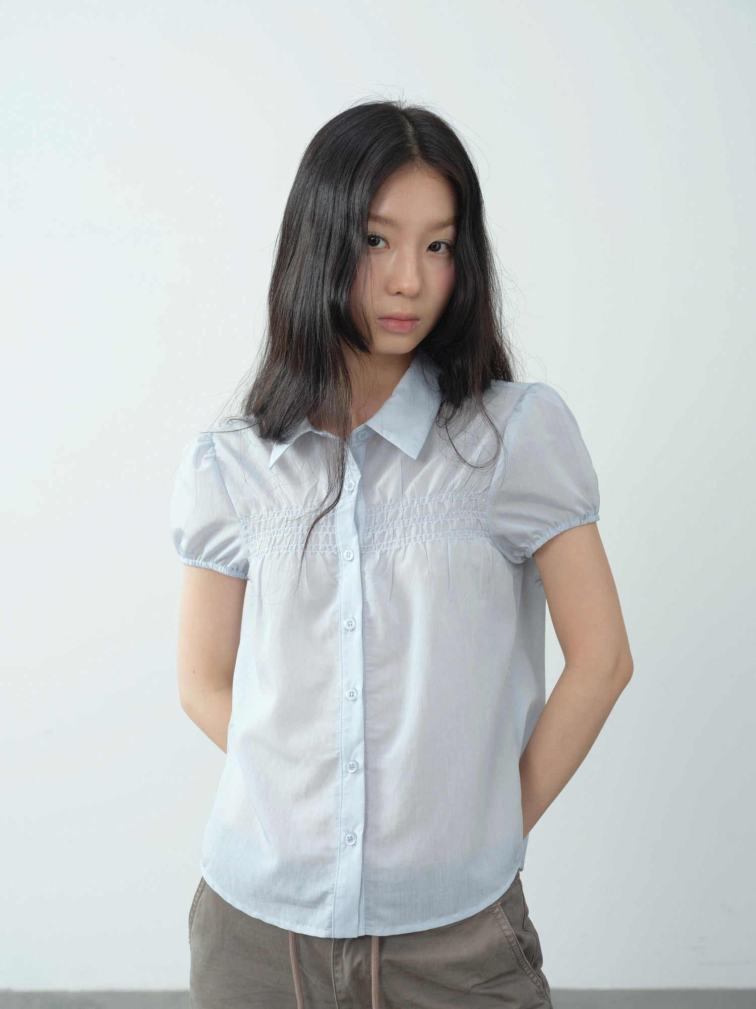 DKZ OFFICIAL Light Blue Puff Sleeve Pleated Sheer Women&