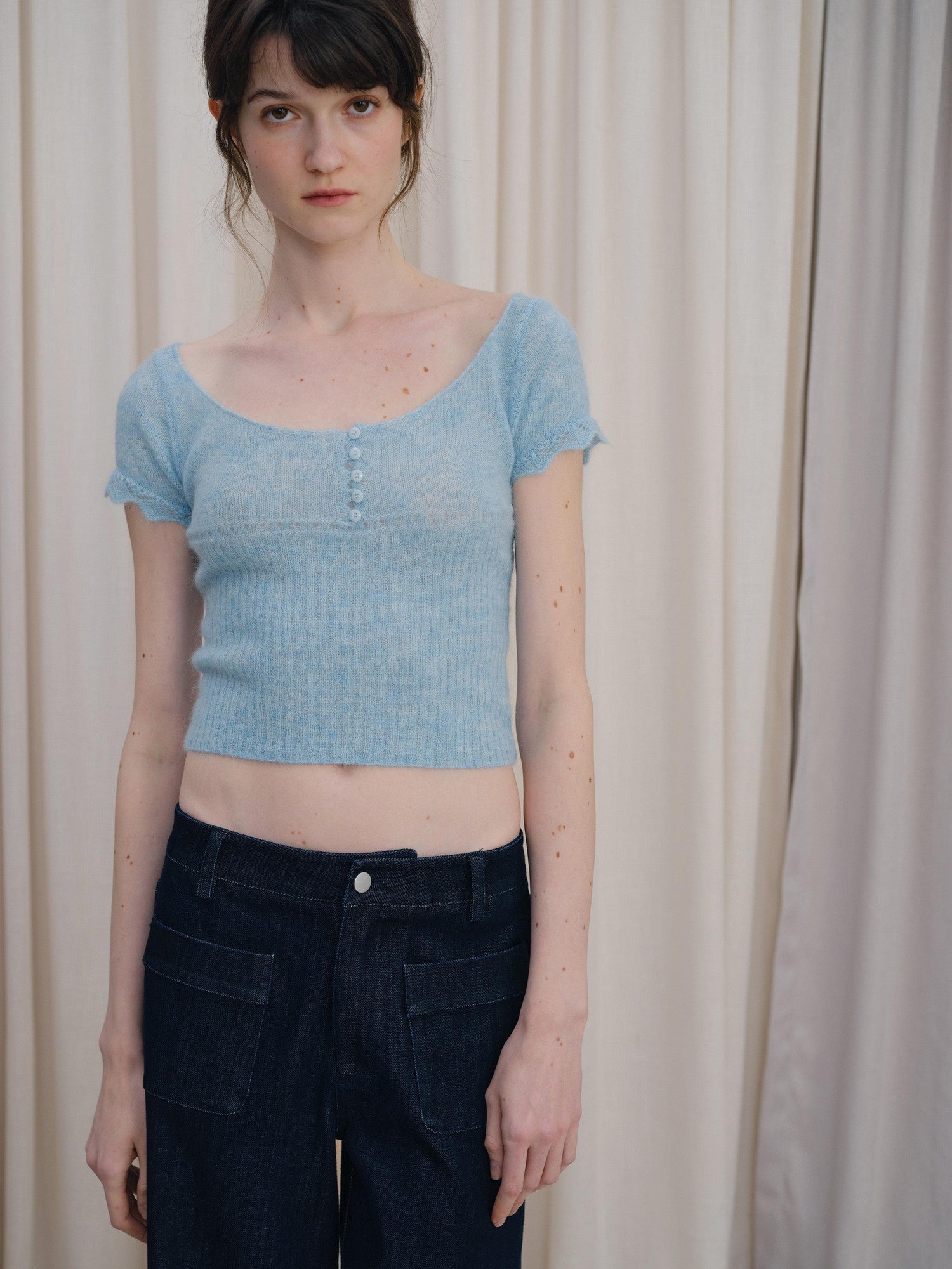 DKZ OFFICIAL Light Blue U Neck Knit Slim Fit Cropped Women&