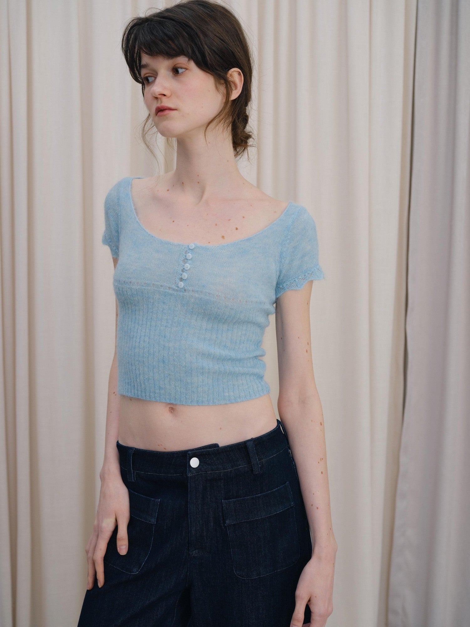 DKZ OFFICIAL Light Blue U Neck Knit Slim Fit Cropped Women&