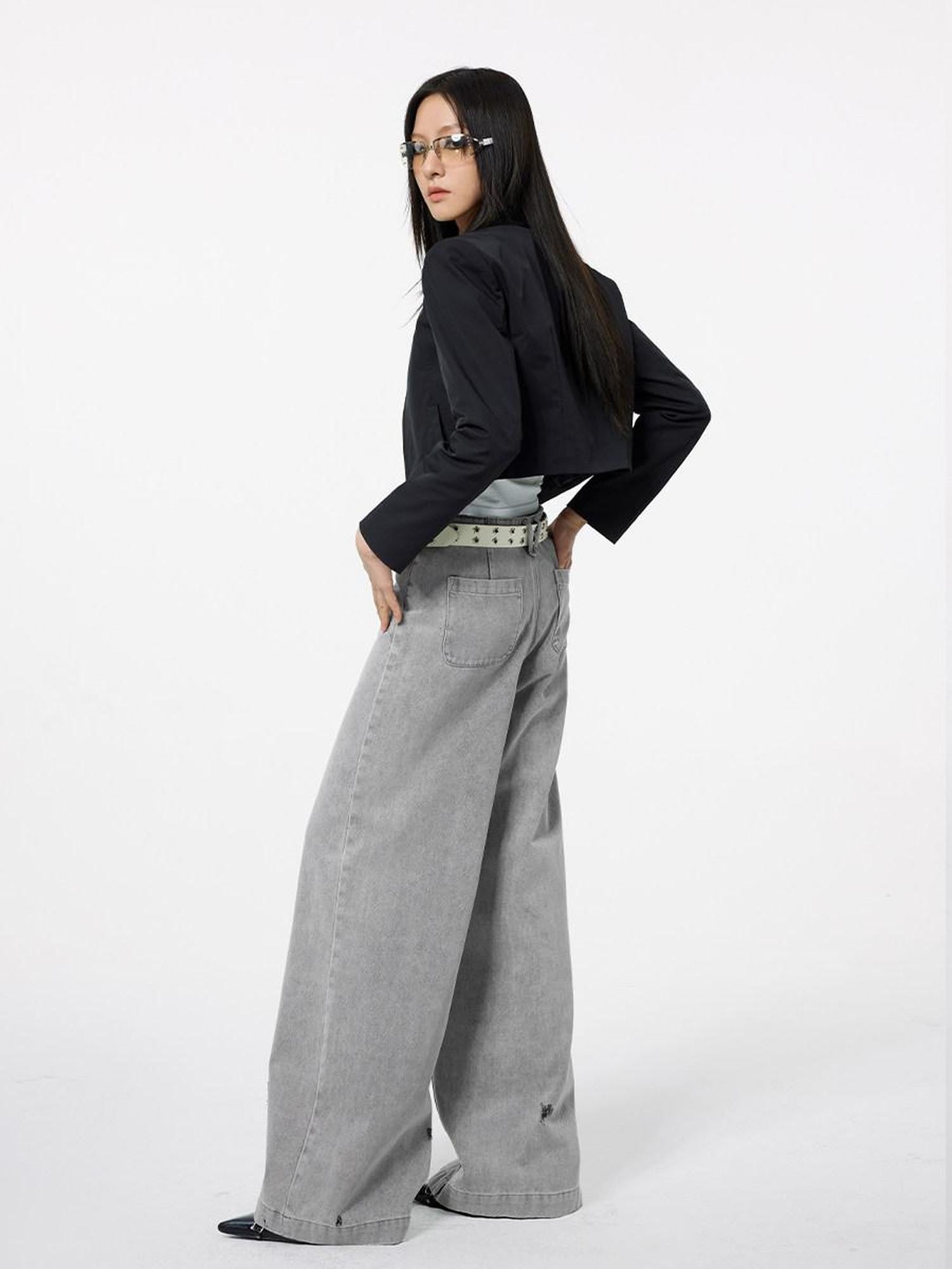 DKZ OFFICIAL Light Gray Vintage Distressed High Waist Women&