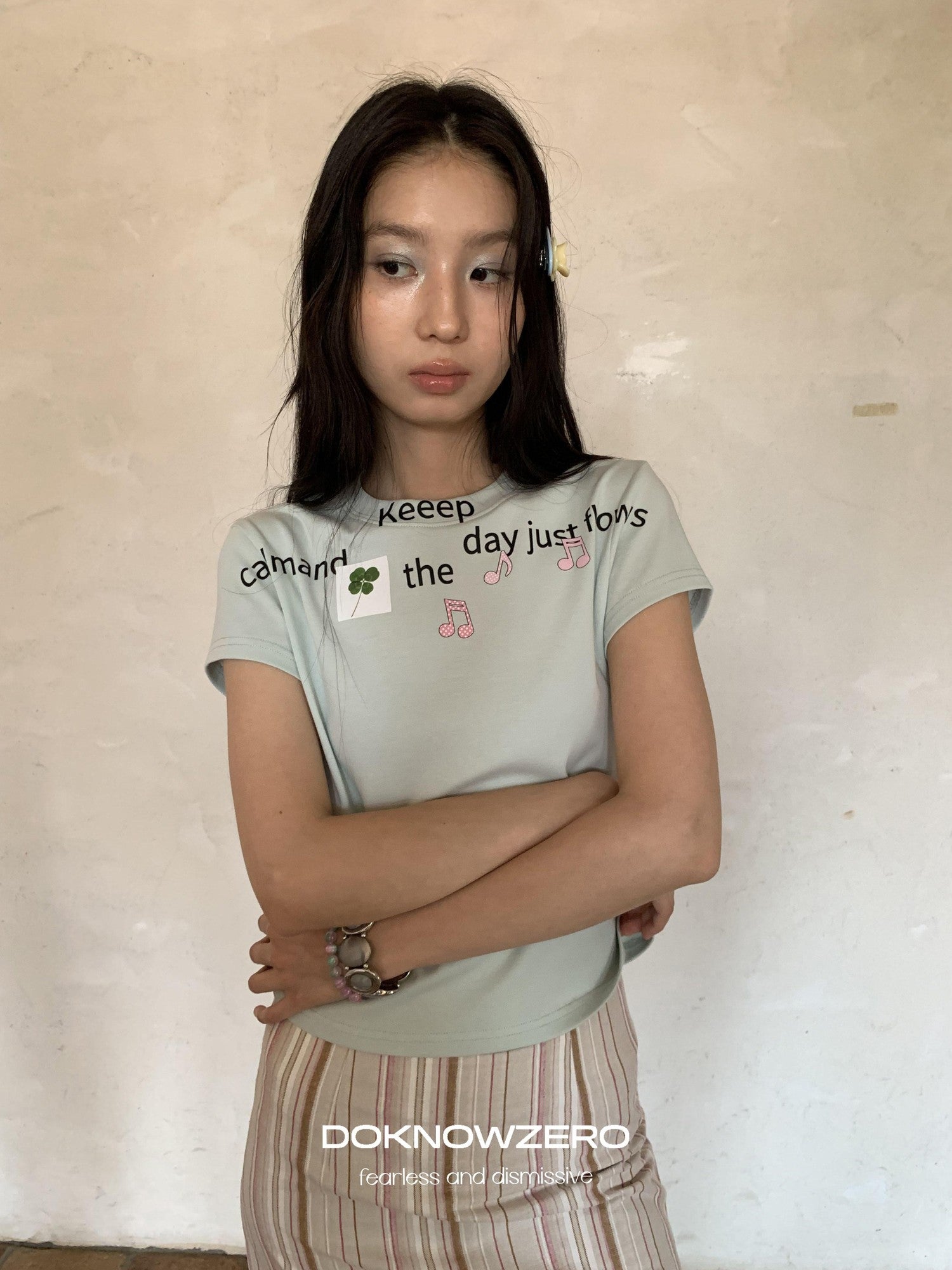 DKZ OFFICIAL Light Mint Letter Print Slim Fit Women&