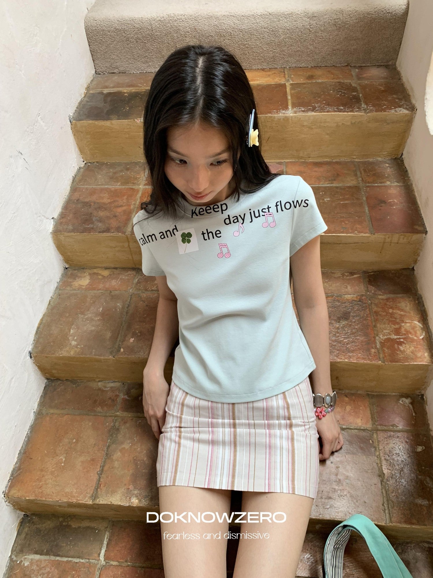 DKZ OFFICIAL Light Mint Letter Print Slim Fit Women&