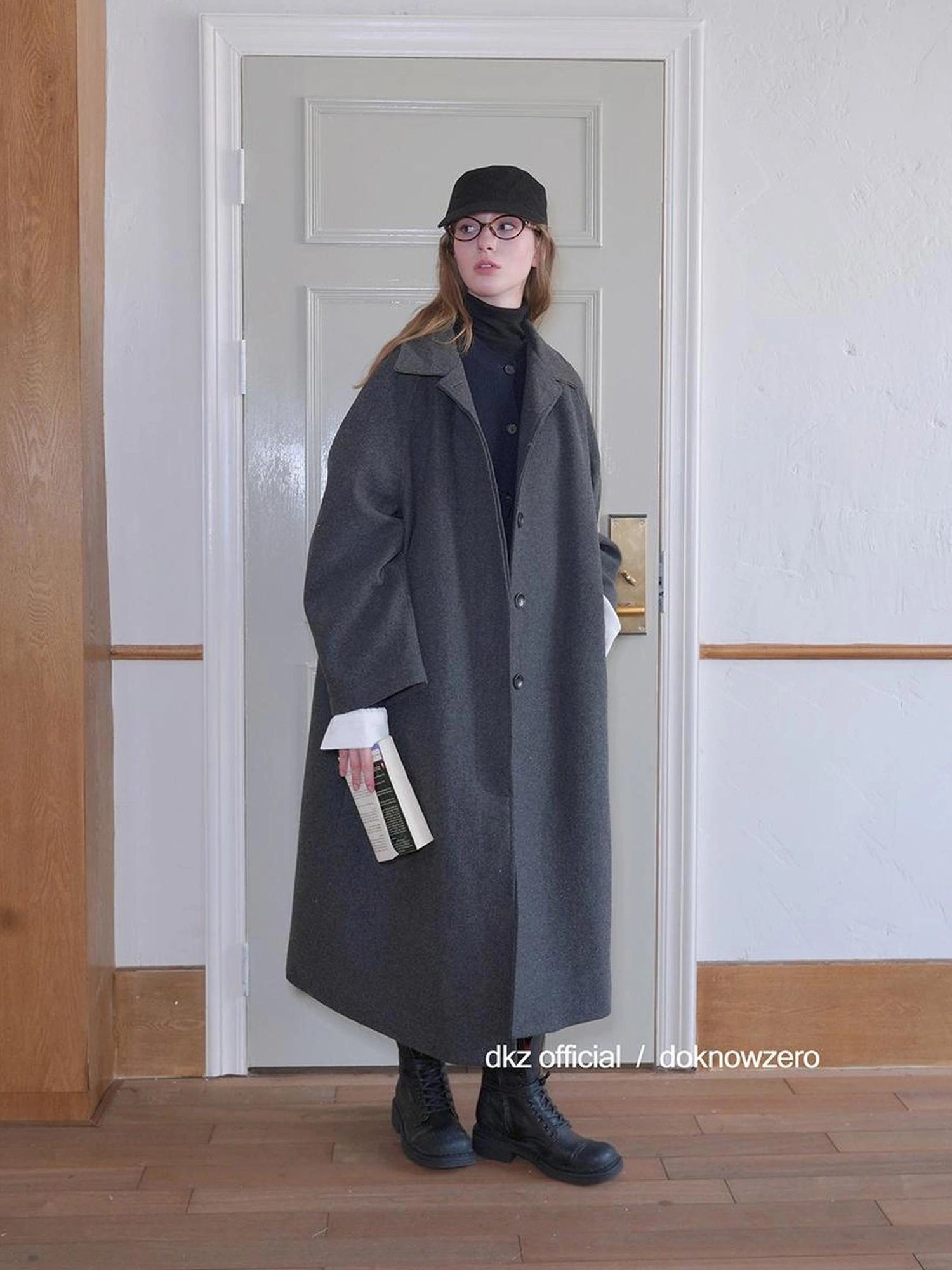 DKZ OFFICIAL Long Grey Wool Blend Coat For Women Relaxed Vintage Collar