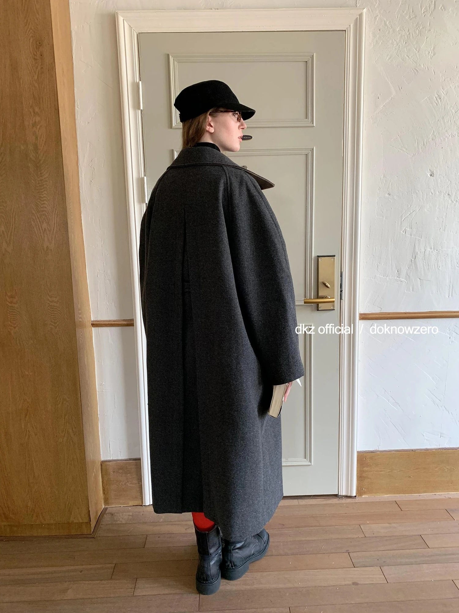 DKZ OFFICIAL Long Grey Wool Blend Coat For Women Relaxed Vintage Collar