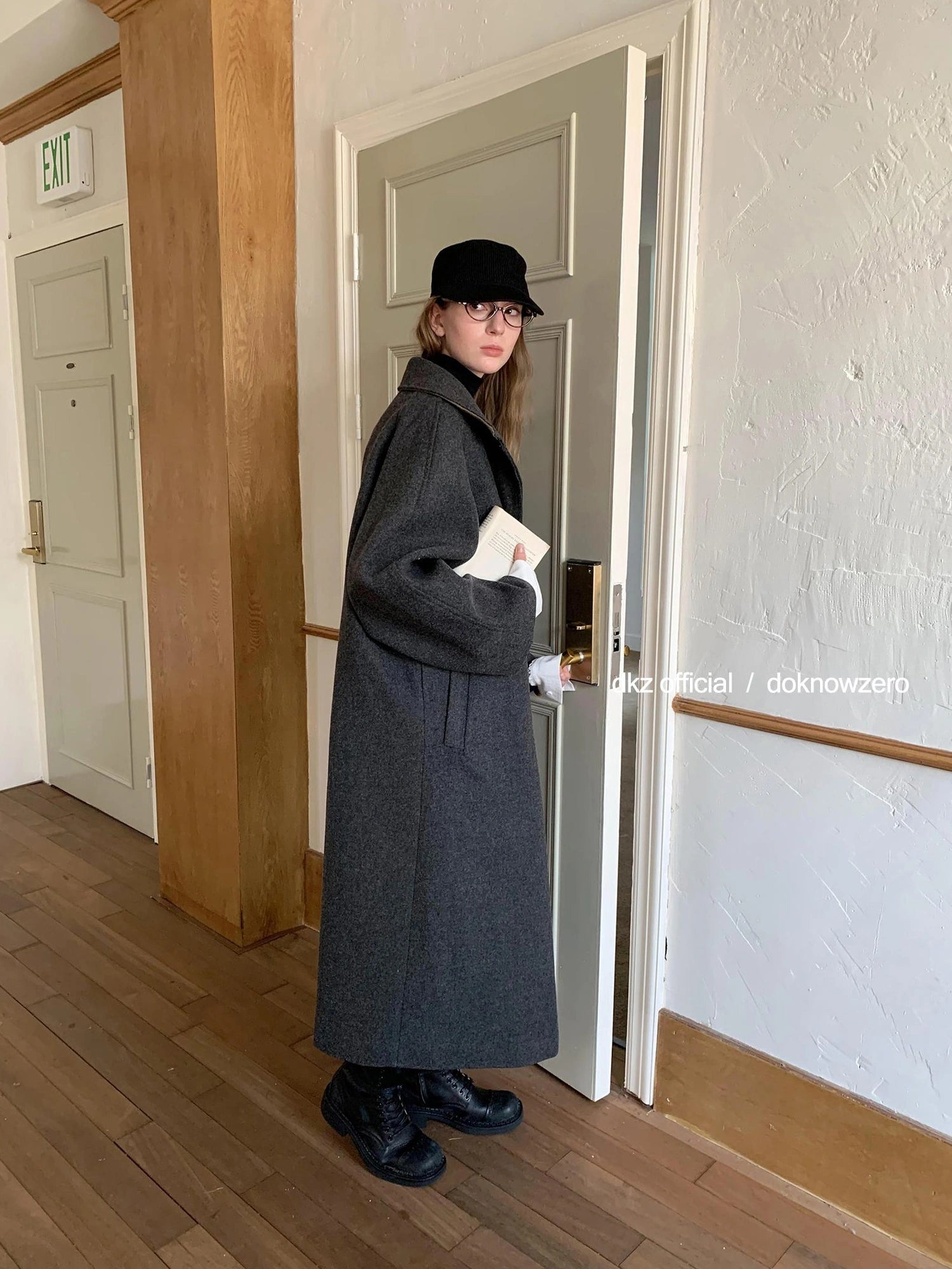 DKZ OFFICIAL Long Grey Wool Blend Coat For Women Relaxed Vintage Collar