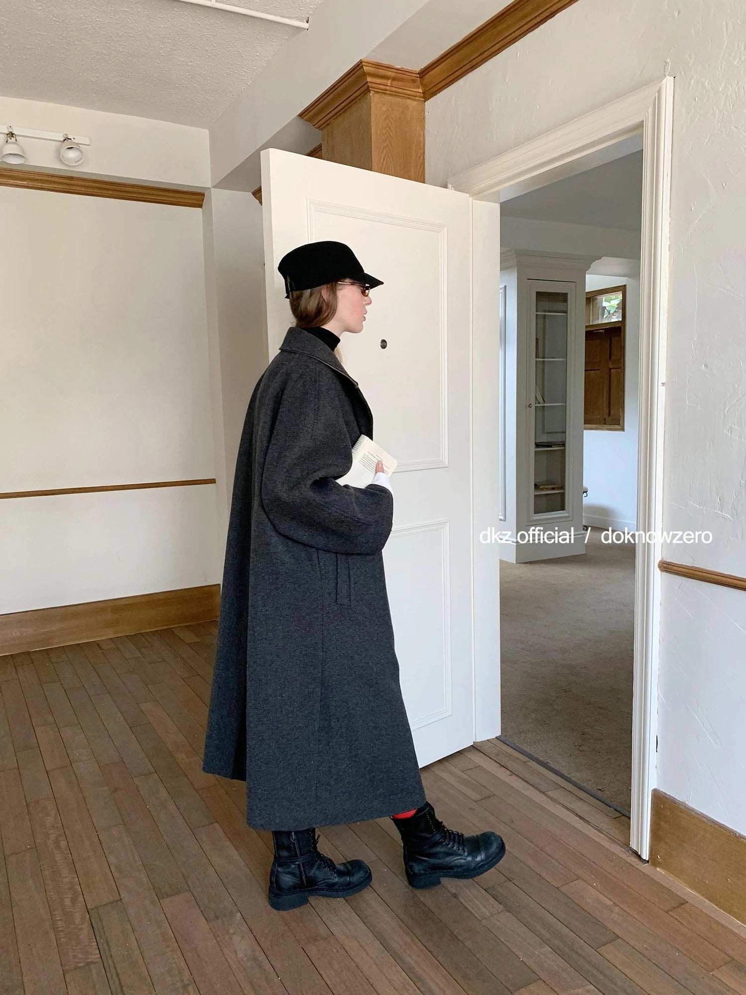 DKZ OFFICIAL Long Grey Wool Blend Coat For Women Relaxed Vintage Collar