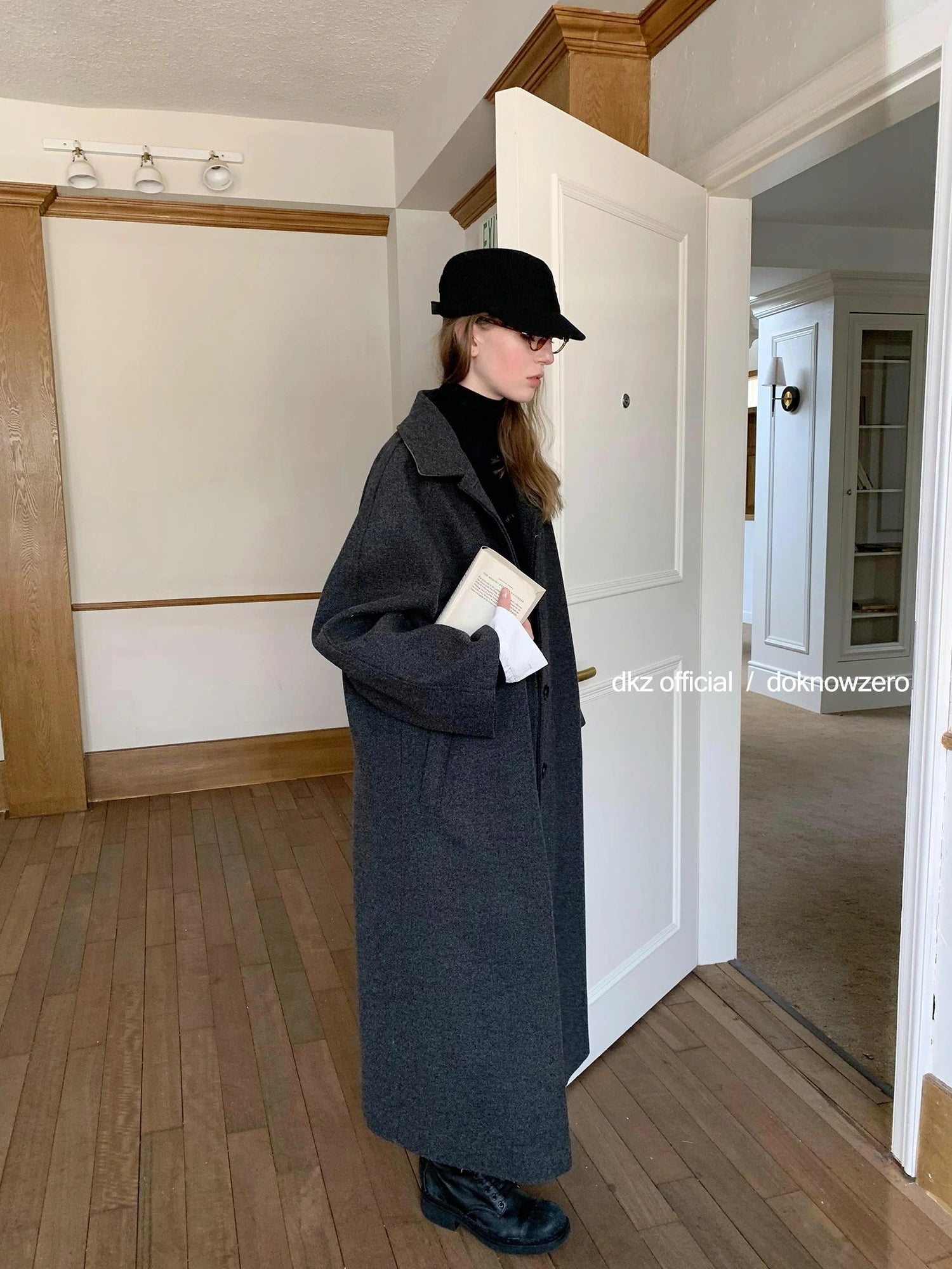 DKZ OFFICIAL Long Grey Wool Blend Coat For Women Relaxed Vintage Collar