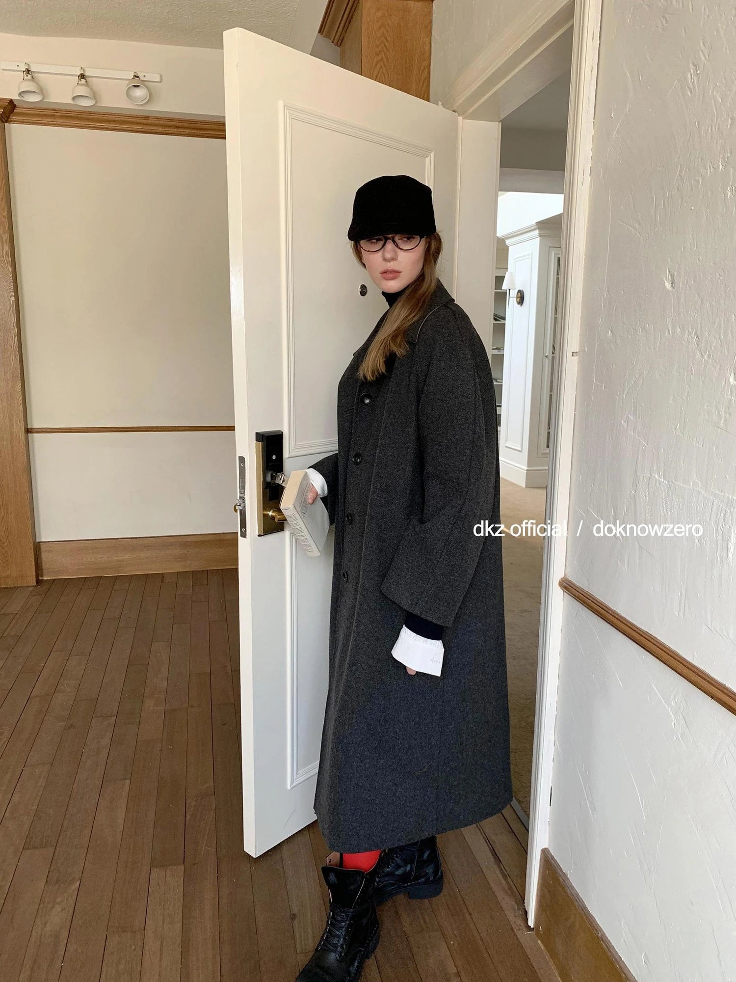 DKZ OFFICIAL Long Grey Wool Blend Coat For Women Relaxed Vintage Collar